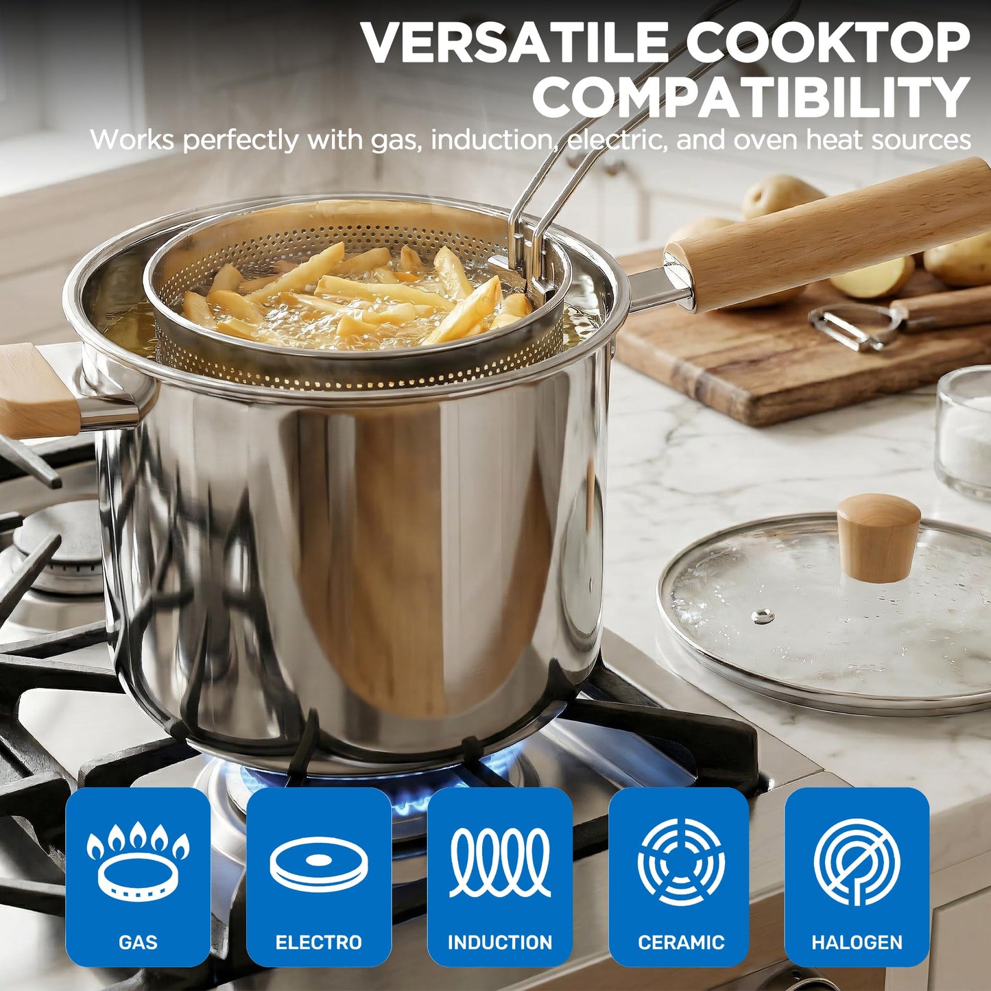 2 in 1 Deep Frying Pot (3L) with Basket, Oil Strainer and Glass Lids, Large 304 Stainless Steel Deep Fryer Cooking Pot, Oil Fryer Bacon Grease Container for Kitchen, Frying, Cooking-Dishwasher Safe
