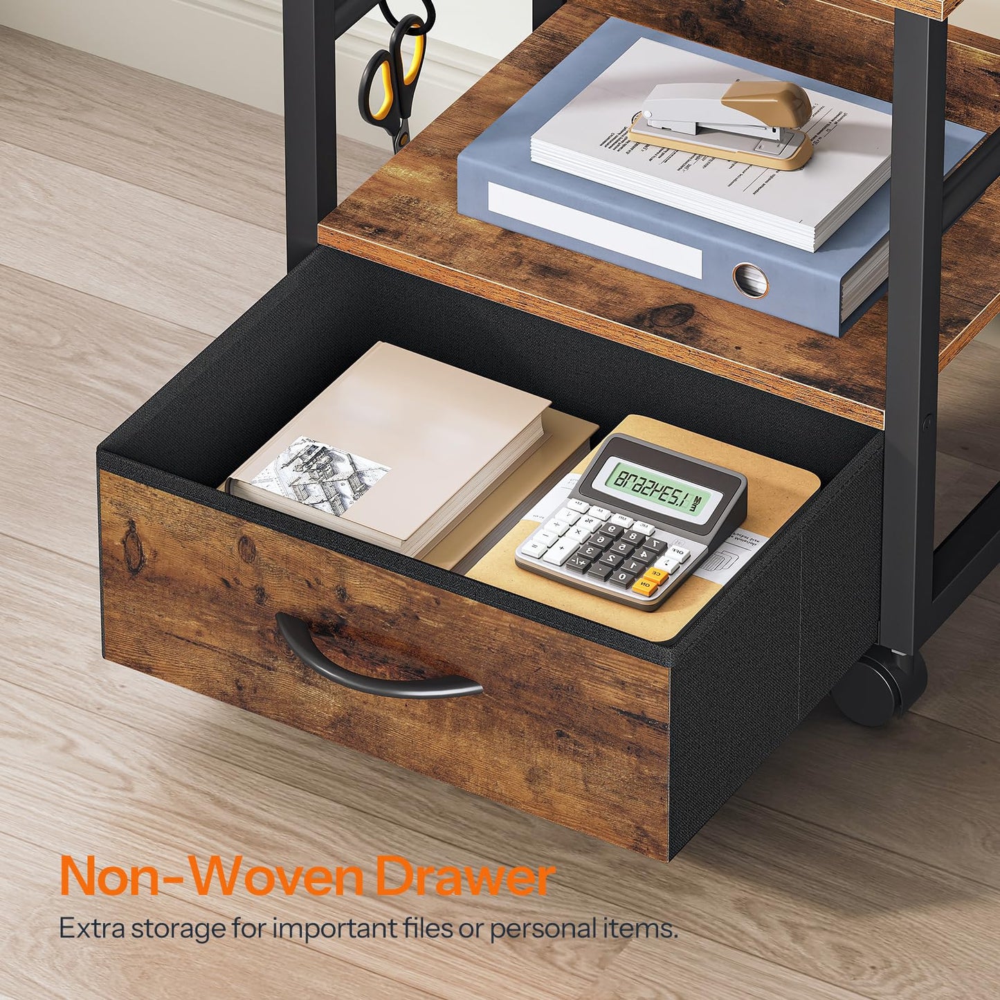 HOOBRO 2-Tier Printer Stand with Drawer, Under Desk Printer Table, Printer Cart with Storage, with Casters/Adjustable Feet, for Home Office, Study, Living Room, Rustic Brown and Black, BF20PS01