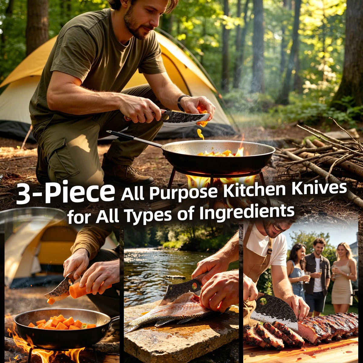 3-Piece Kitchen Knife Set – Serbian Chef's Knife,Cleaver Knife, Boning Knife, 3Pcs High Carbon Steel Hand Forged Knife Set with Ergonomic Handles for Kitchen Outdoor Cooking, Birthday Gifts for Men
