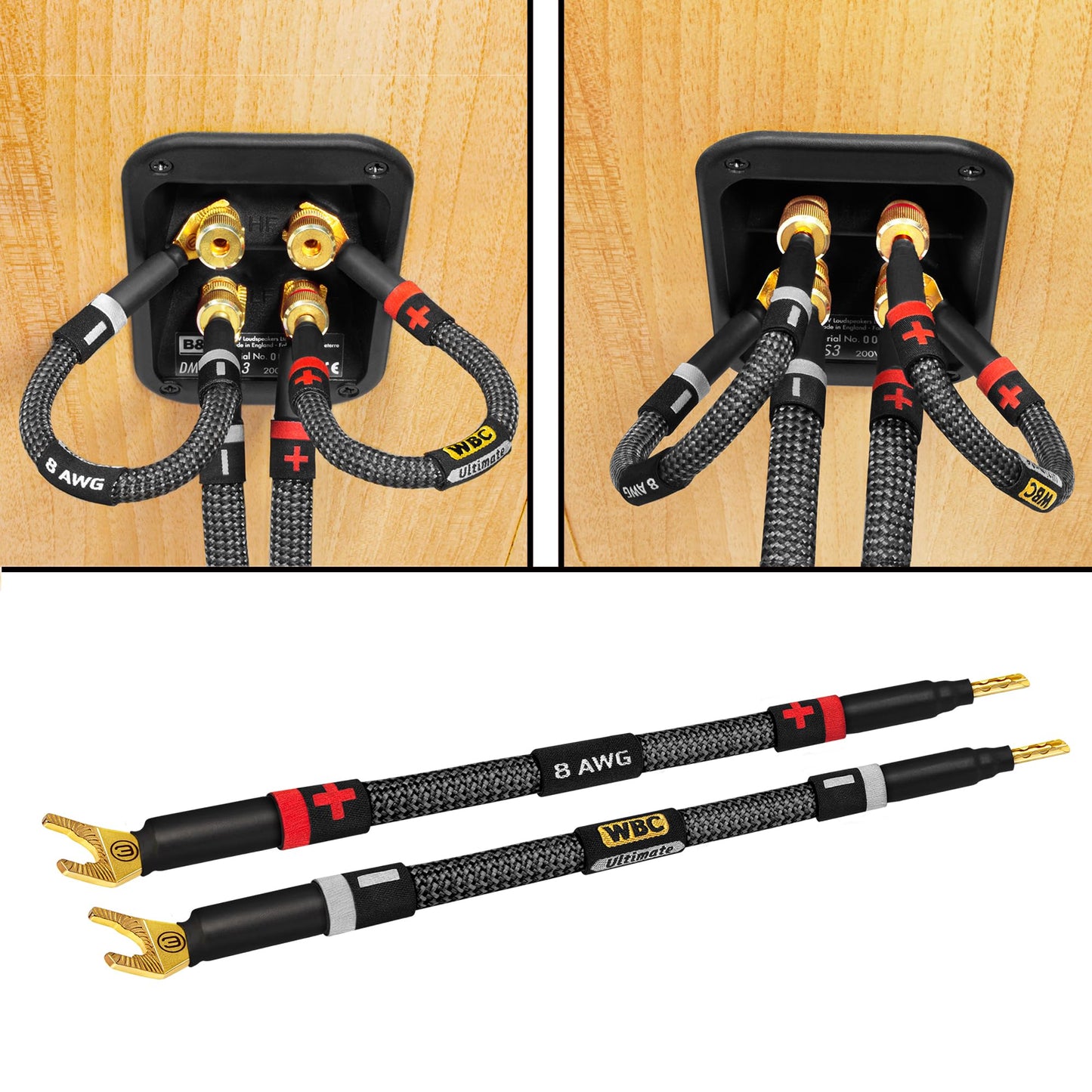 WORLDS BEST CABLES 4 Units - 8 Inch Ultimate - 8 AWG - Ultra-Pure OFC - Premium Audiophile HiFi Speaker Jumper Cables with Eminence Gold Banana & Spade Plugs & Carbon Tweed Jacket