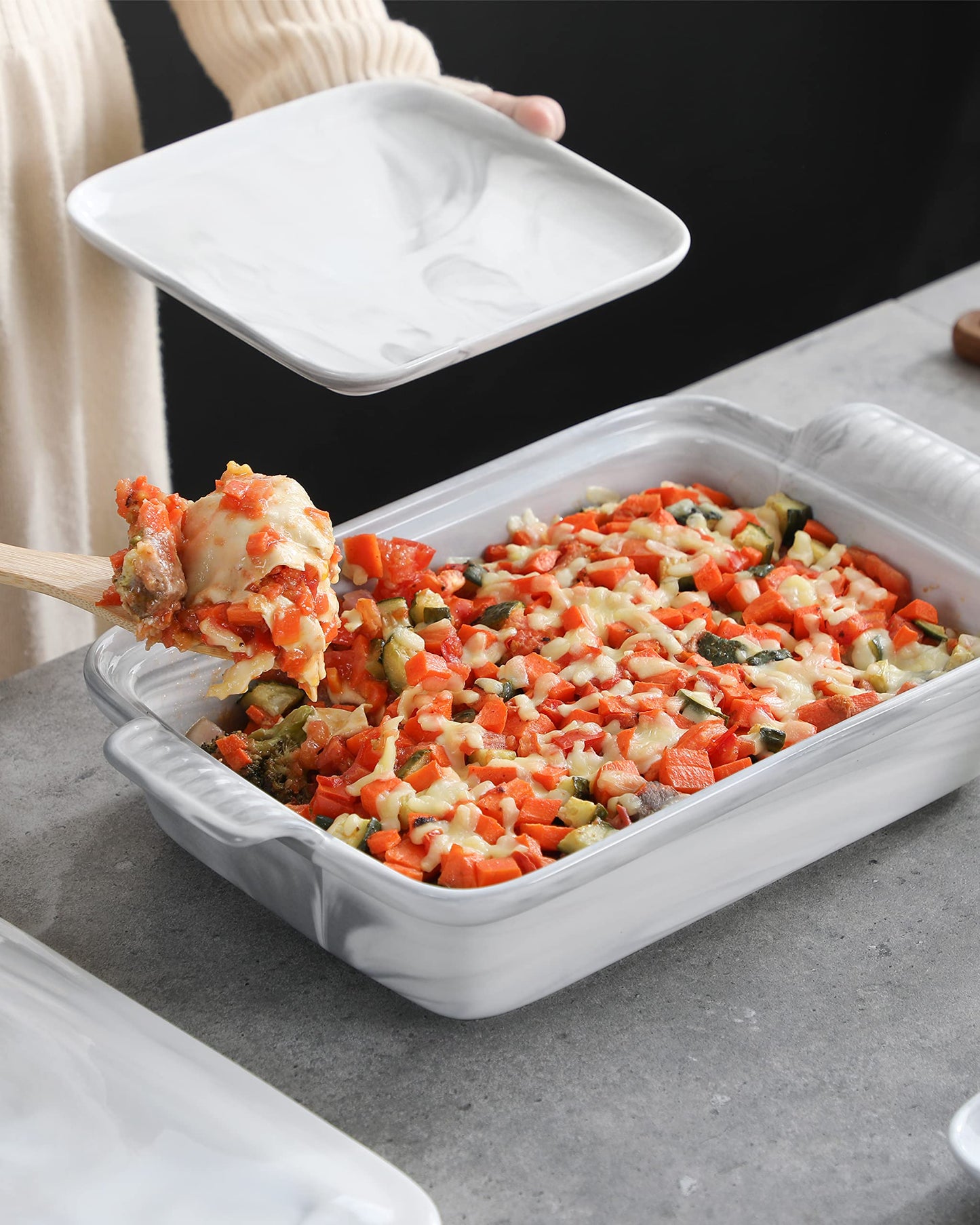 MALACASA Casserole Dish With Lid, 3.4 Quart Baking Dish With Lid, Deep Lasagna Pan Ceramic Bakeware Covered Casserole Dish Set, Microwave, Oven, Dishwasher Safe, 12 x 8.9 x 3 inch, Series BAKE-GREY