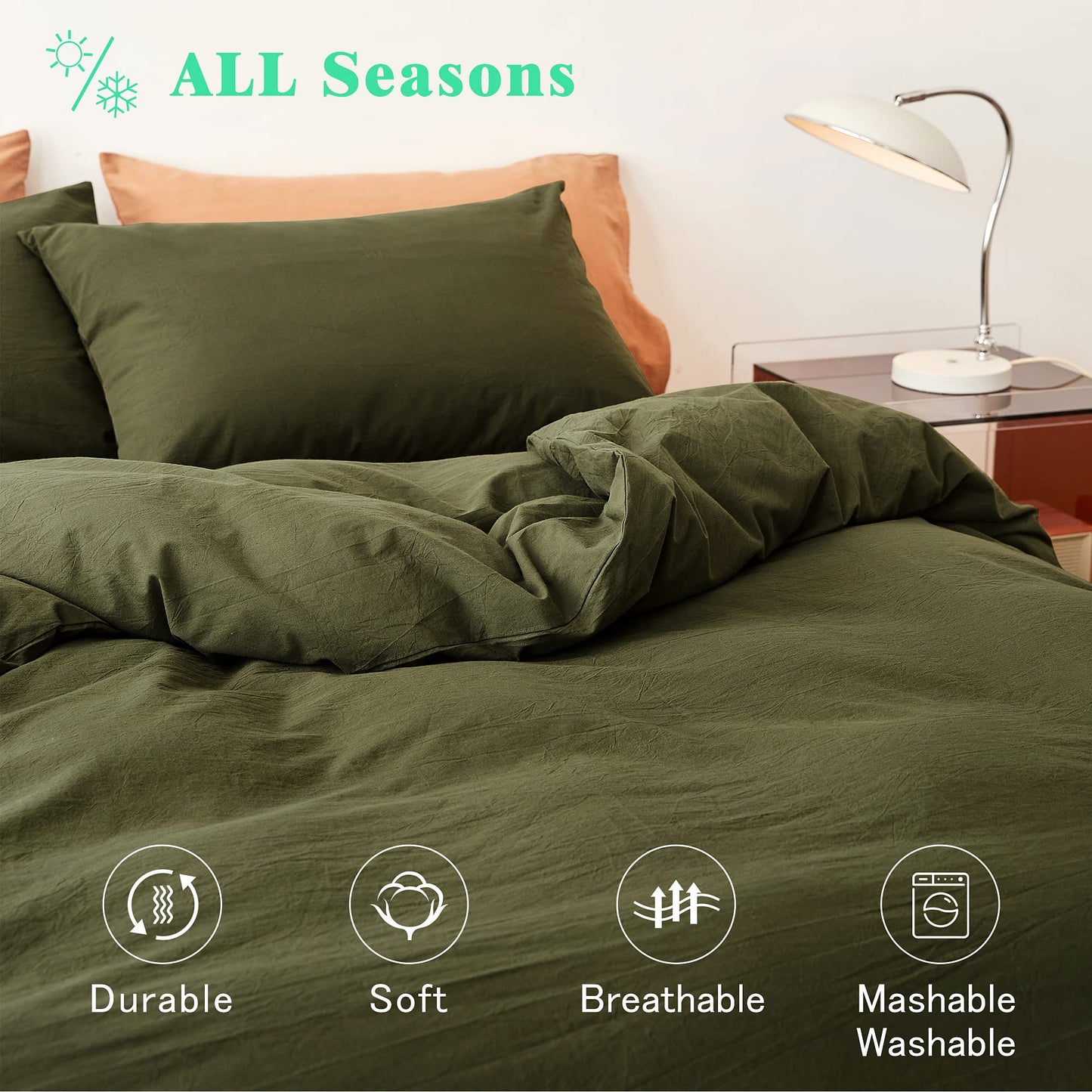 FANSTIVE Duvet Cover Set Queen Size, 100% Washed Cotton, Linen Like Super Soft and Breathable, 3 Pieces Olive Green Bedding Duvet Covers, Farmhouse Comforter Cover with Zipper Closure(No Comforter)