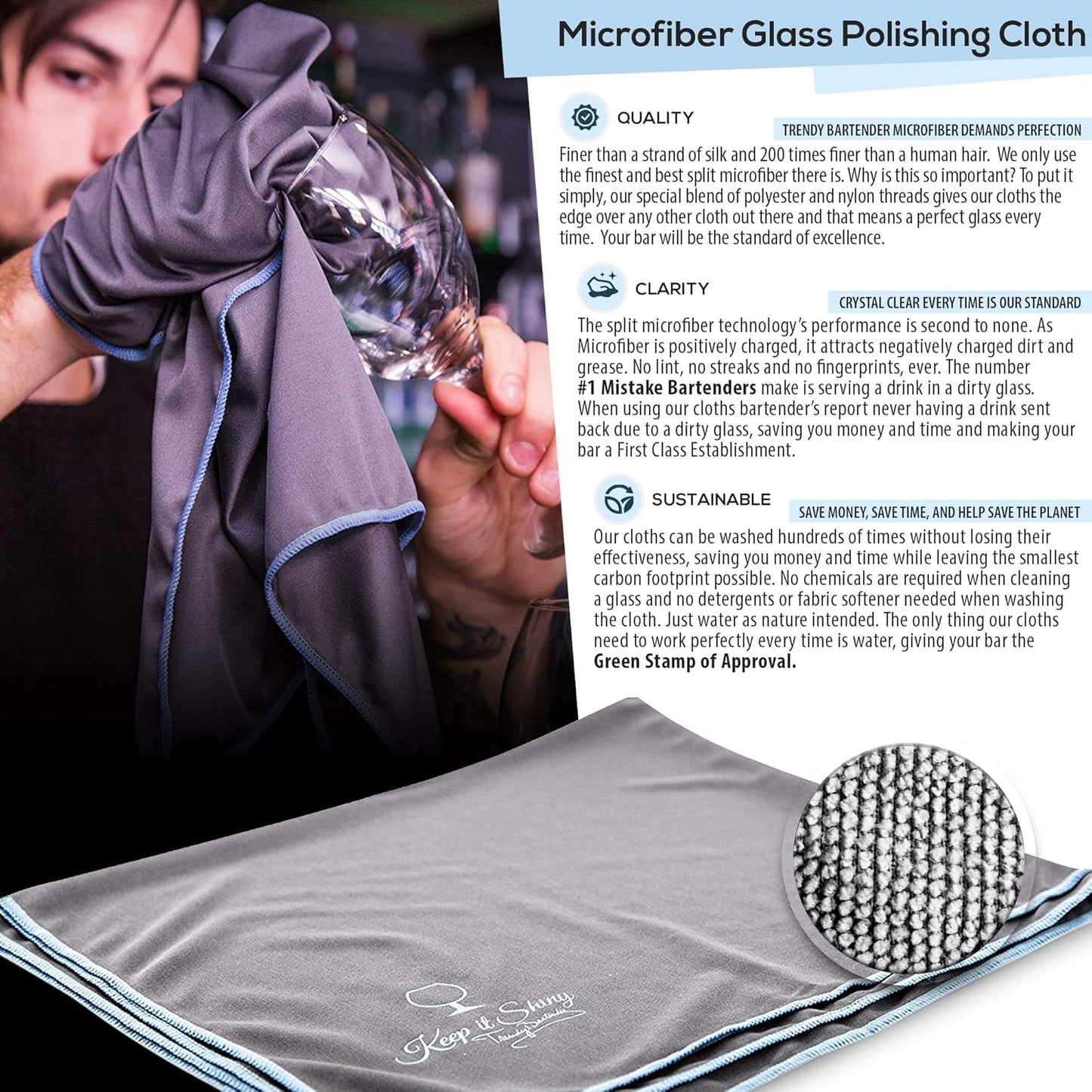 Extra Large Microfiber Glass Polishing Cloth (5-Pack) by Trendy Bartender - 25x20 inch Premium Lint Free Cleaning Cloth For Stemware etc - Bar Towel For Spotless Results - Premium Quality (Gray)