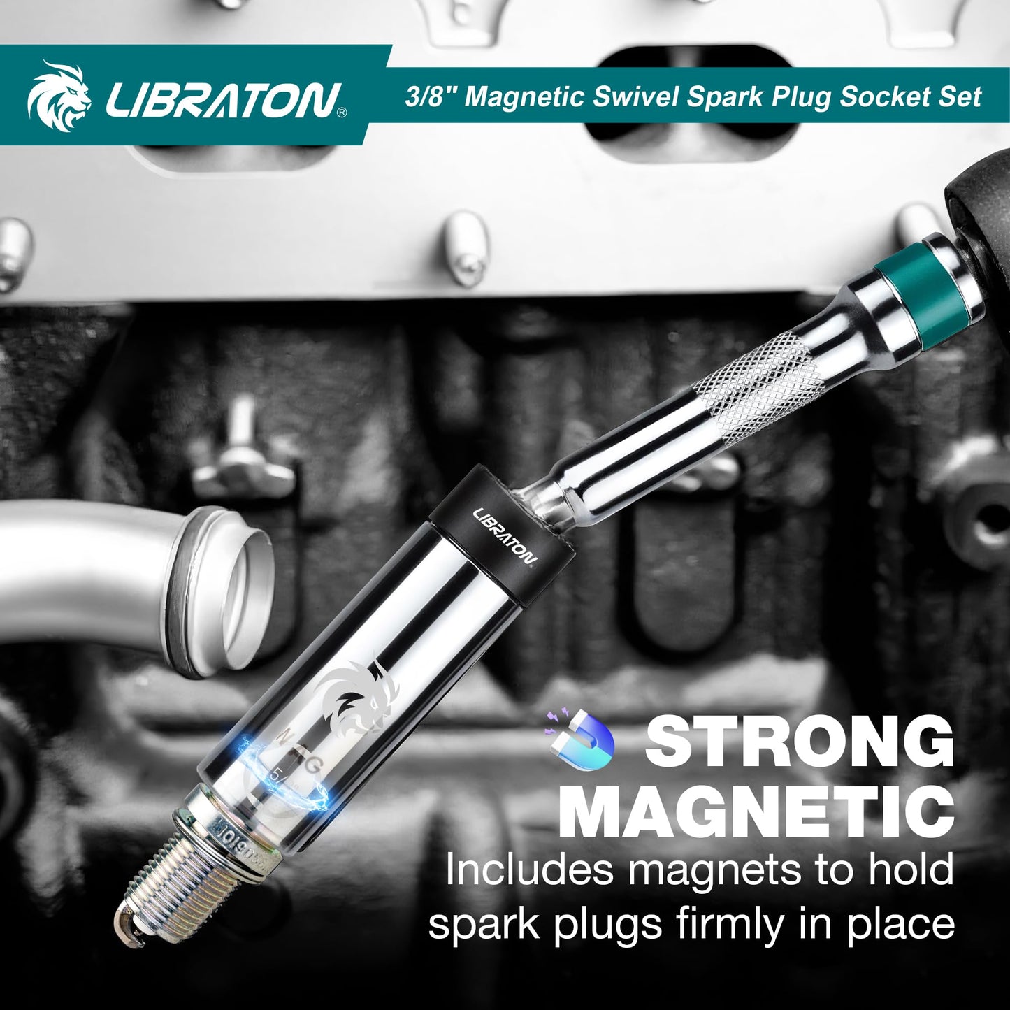 LIBRATON 8PCS 3/8"Dr. Magnetic Spark Plug Socket Set, Include Gapper & Extension Bar, Swivel Head Thin Wall (5/8" 9/16" 14mm 16mm), 6 &12 Point for Truck Motorcycle Auto Repair, w/4",6",10", CR-V