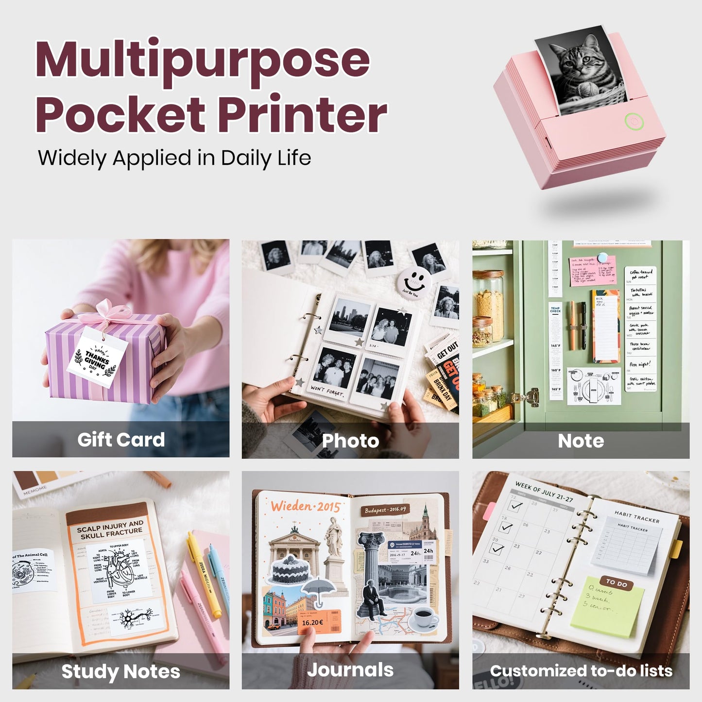 Sticker Printer PM290C Mini Printer Portable Print Pod, Wireless Bluetooth Sticker Maker with 3 Rolls Paper,Inkless Thermal Printer Photo Printer with Smart AI APP, Pictures, DIY, Journal, Pink