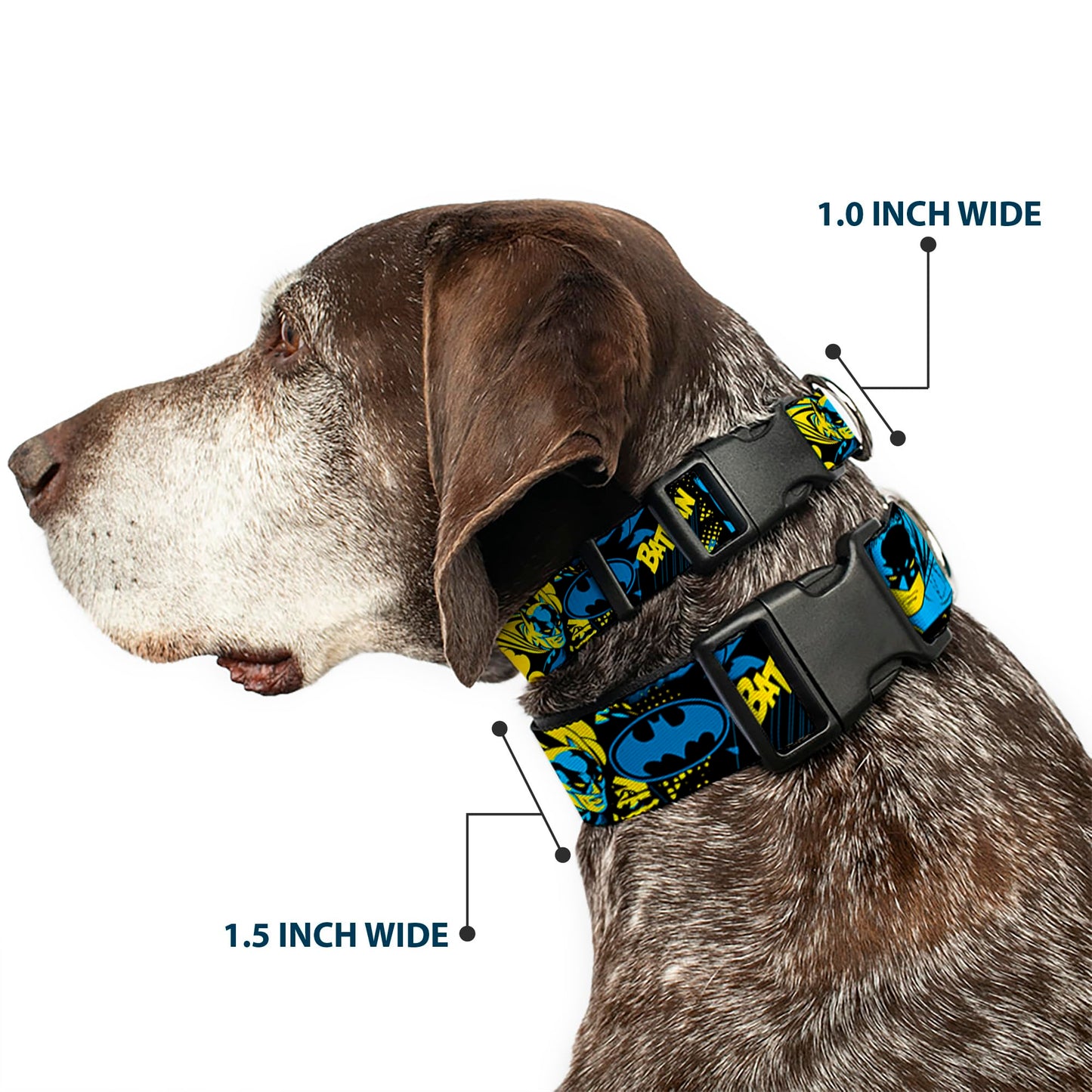 DC Comics Pet Collar, Dog Collar Plastic Buckle, Batman Poses and Logo Collage Black Blue Yellow, 15 to 24 Inches 1.0 Inch Wide