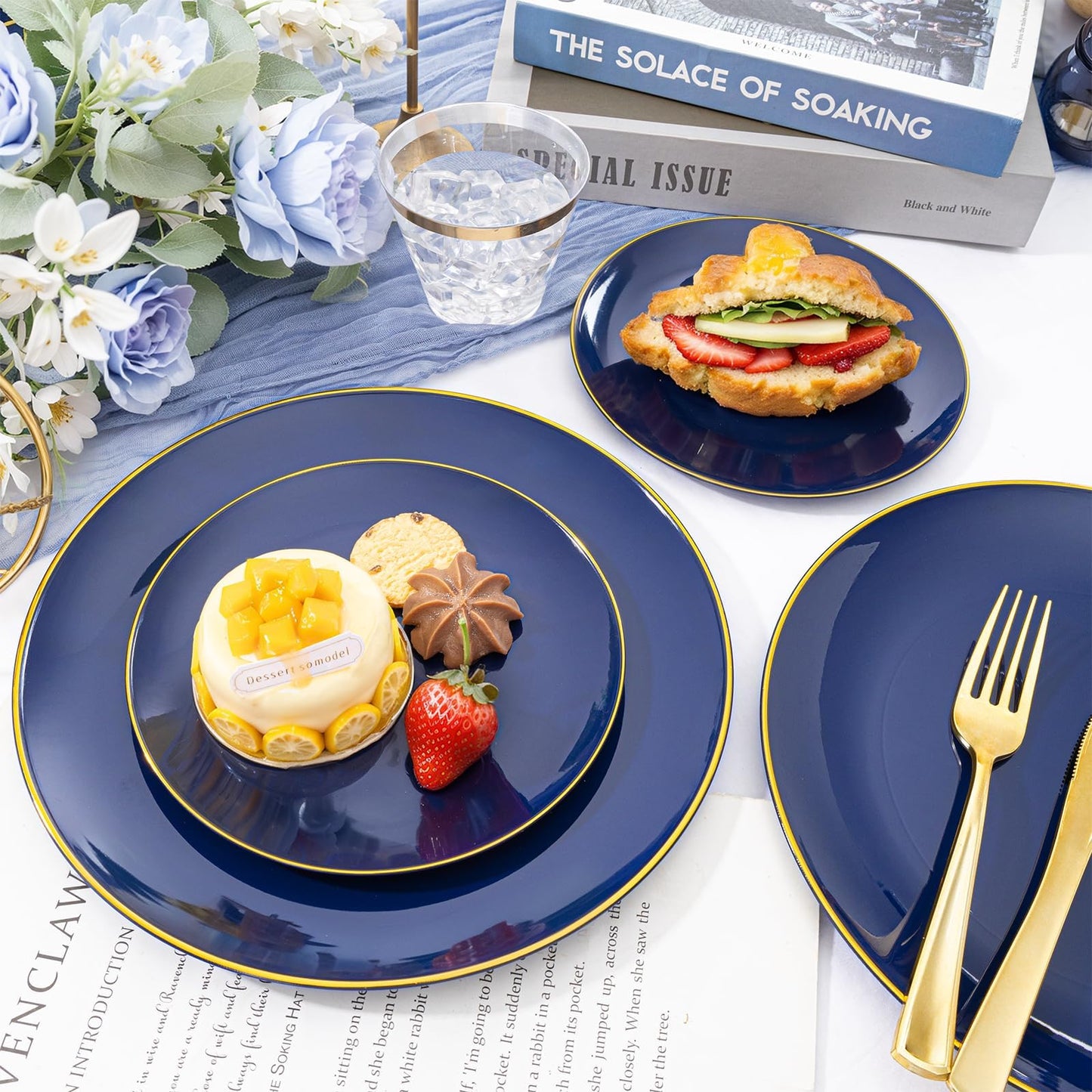 WDF 150Pcs Blue Plastic Plates - Blue and Gold Disposable Plates - 25guest Disposable Dinnerware Include 25 Dinner Plate, 25 Dessert Plate, 75 Cutlery & 25 9oz Cups for Wedding & Parties