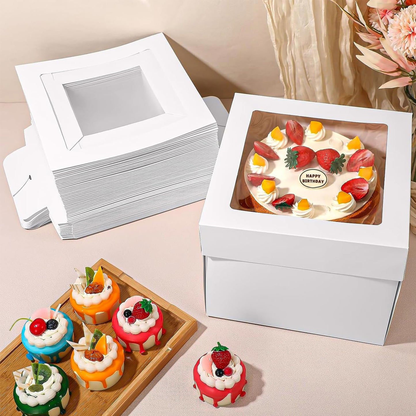 40 Pcs 10x10x8 Inch Cake Boxes with Cake Boards Set (20 Boxes and 20 Boards) White Tall Bakery Boxes Disposable Cake Storage Container Baking Boxes with Window for Tier Cakes Pie Pastry