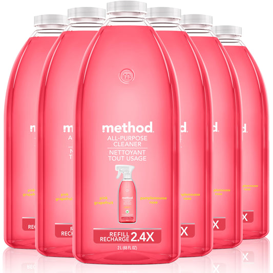 Method All-Purpose Cleaner Refill, Plant-Based & Biodegradable Formula for Multi-Surface Cleaning, Pink Grapefruit Scent, 2 Liter Bottles, 6 Pack (12 Total Liters), Packaging May Vary