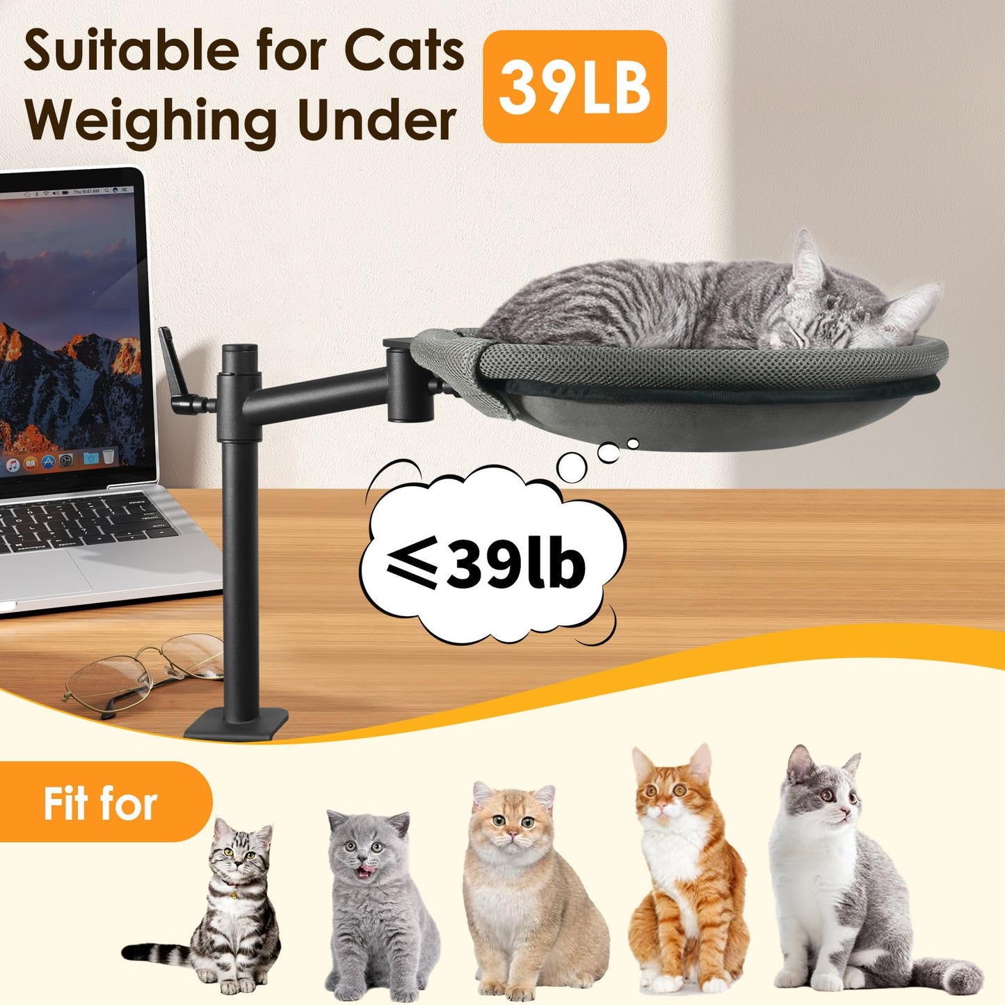Crazydeer Cat Desk Bed, 360° Rotating & Adjustable Shelf Mount, Elevated Cat Hammock with Washable Air Mesh Fabric Nest, Breathable & Comfortable for Indoor Kitten Cats