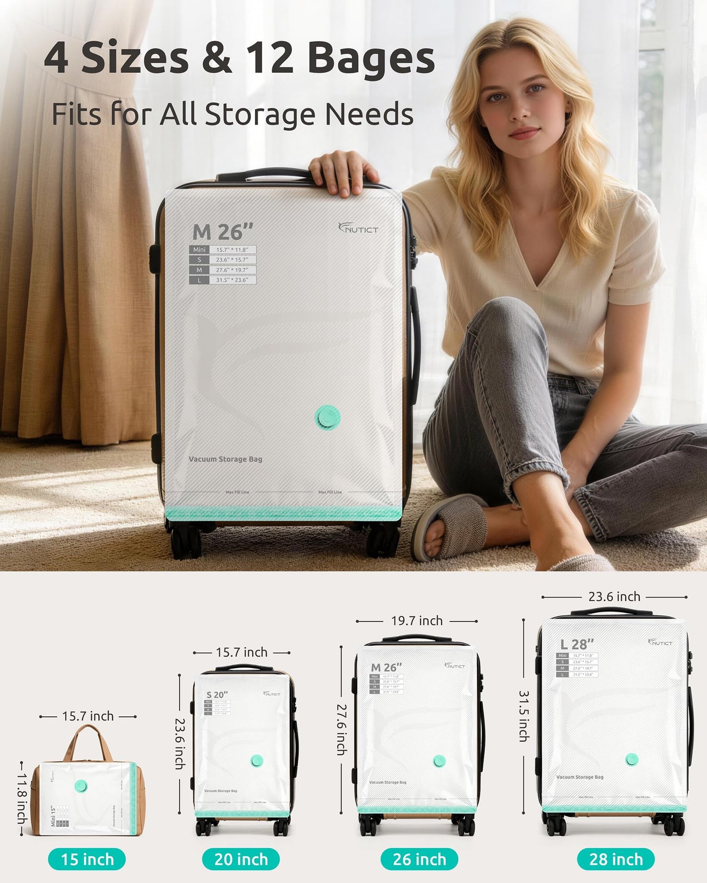 NUTICT 12 Pack Vacuum Storage Bags for Travel with Rechargeable Electric Pump, Long-Term Reusable Vacuum Seal Bags for Clothes and Blankets Compression, Carry-on Space Saver for Luggage and Suitcase