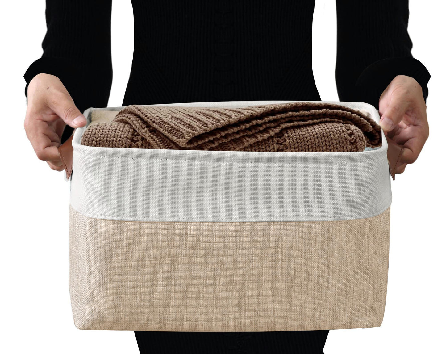 DECOMOMO Storage Bins Fabric Storage Baskets for Shelves, Linen Closet Organization Toys Nursery (Beige and White, Large - 3 Pack)
