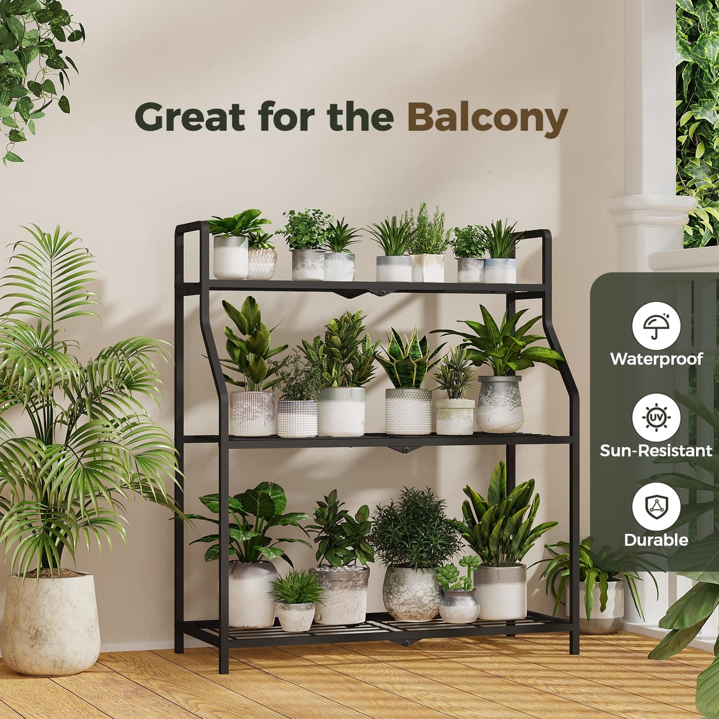 Bamworld Metal Plant Stand Indoor Outdoor, 3 Tier Plant Shelf for Multiple Plants, Large Heavy Duty Flower Pot Stands for Patio Garden Balcony Living Room Bedroom
