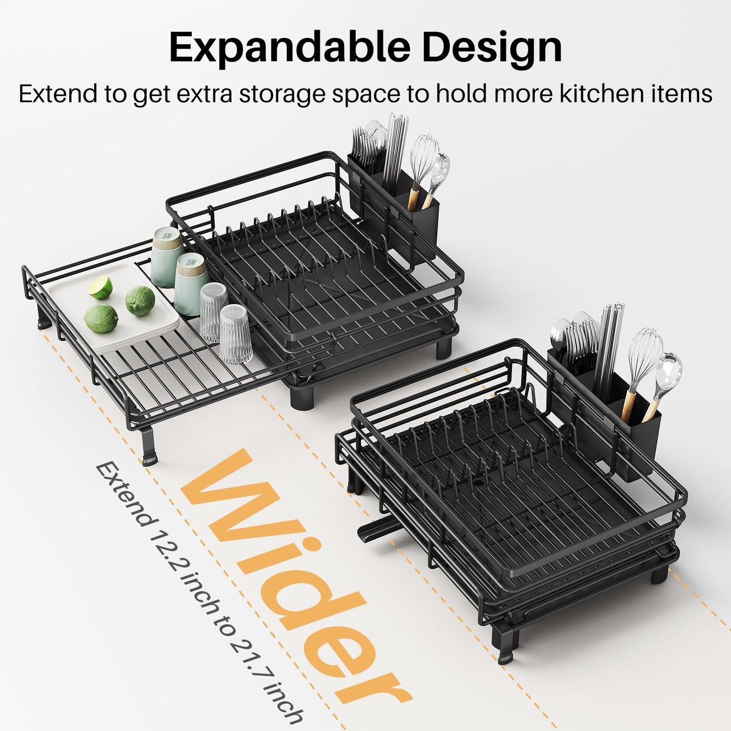 Dish Rack - Extendable Dish Rack, Large Sink Drying Rack for Countertop, Stainless Steel Dish Strainer with Utensil Holder (Black)