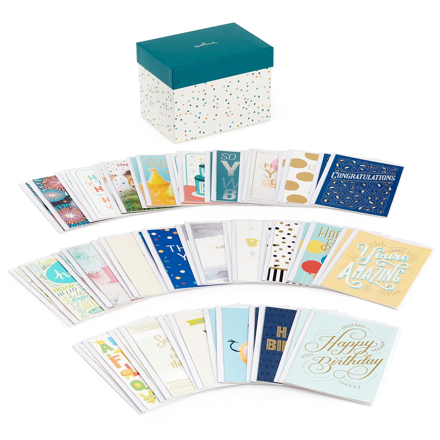 Hallmark All Occasion Cards Assortment—48 Cards and Envelopes with Card Organizer Box (Polka Dots)
