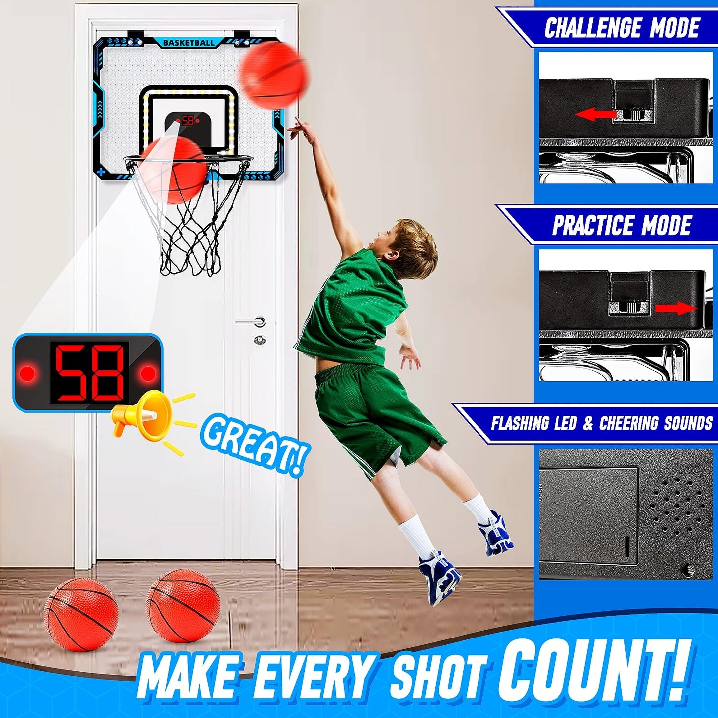 BATURU Indoor Mini Basketball Hoop with Interactive LED Lighting & Electronic Scoreboard, Over The Door Basket Ball Hoops with 3 Balls and Pump, Sports Toys Gifts for Boys 5-12 Kids, Teens