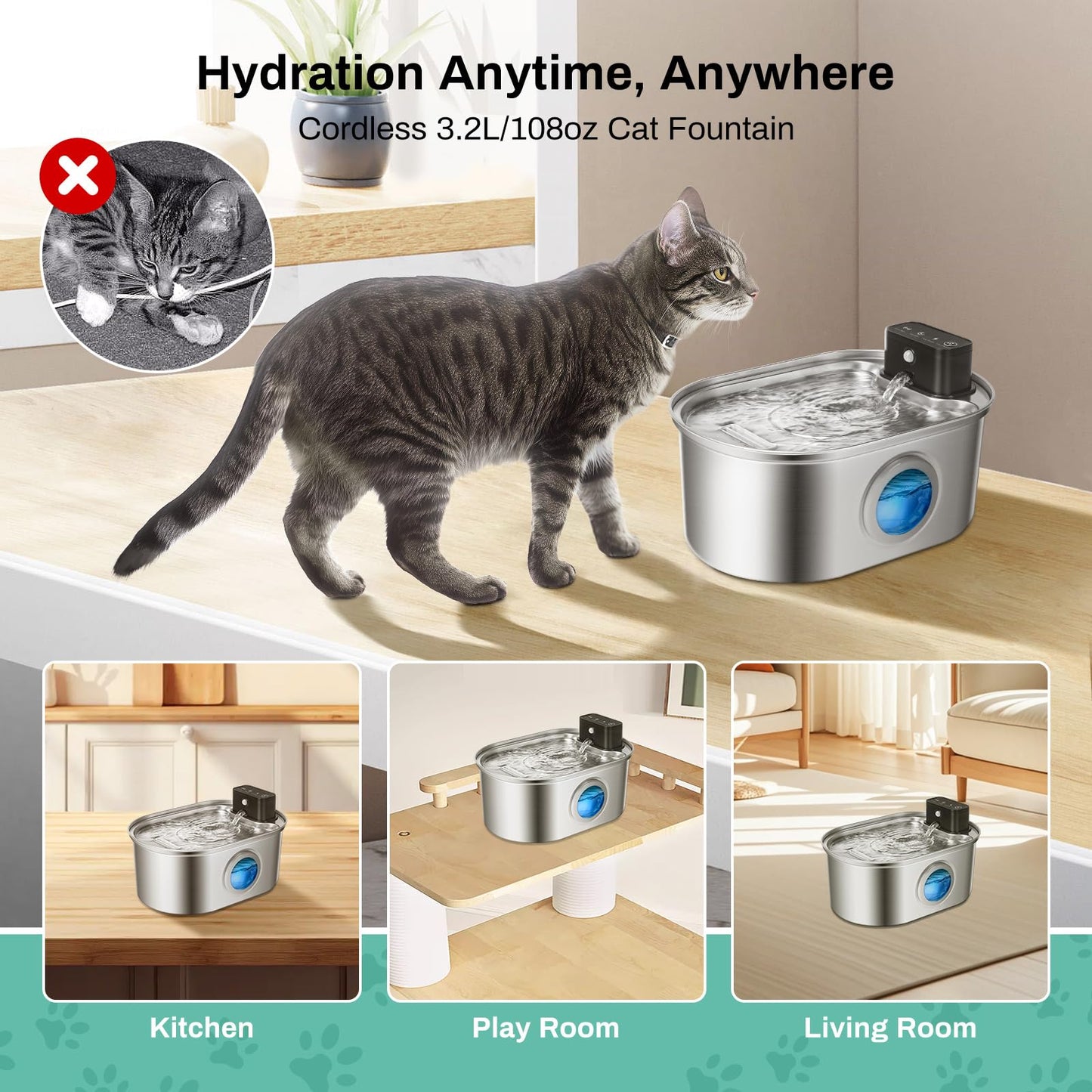 BFLICROY 3.2L Cordless Cat Water Fountain, Automatic Stainless Steel Pet Water Fountain with Motion Sensor, 4,000mAh Rechargeable Battery Operated Cat Water Dispenser, Ultra Quiet Drinking Fountain