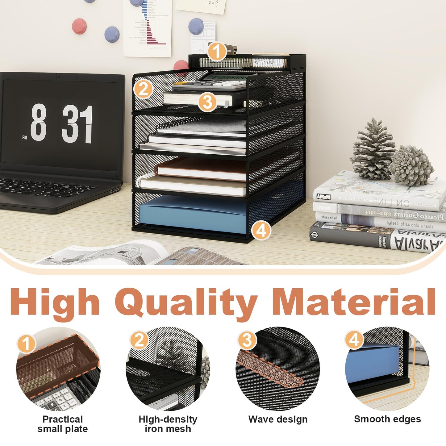 Natwind 4 Tier Stackable Paper Trays for Letter Documents, Desktop File Organizers for Office Supplies, Metal Mesh Desk Organizer，Office Organizer，Letter Trays for Home, Office, School，Black