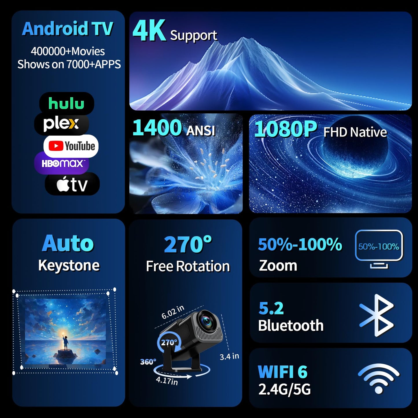 【Built-in Apps】Mini Projector 1080P Full HD, 4K Projector with 180° Rotation, Portable Projector WiFi 6&Bluetooth 5.2 Support, Featuring Auto Keystone Correction, HDMI/USB Connectivity Black