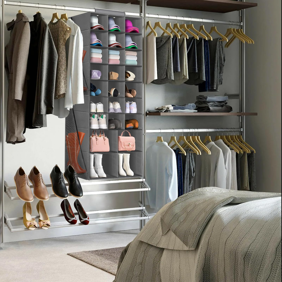 Hanging Shoe Organizer for Closet, Hanging Shoe Storage Rack Holder Shelves,Collapsible Shoe Closet Organizers and Storage with 4 Large Side Pockets,25 Sections for Shoes,Hats,Clothes(Gray)