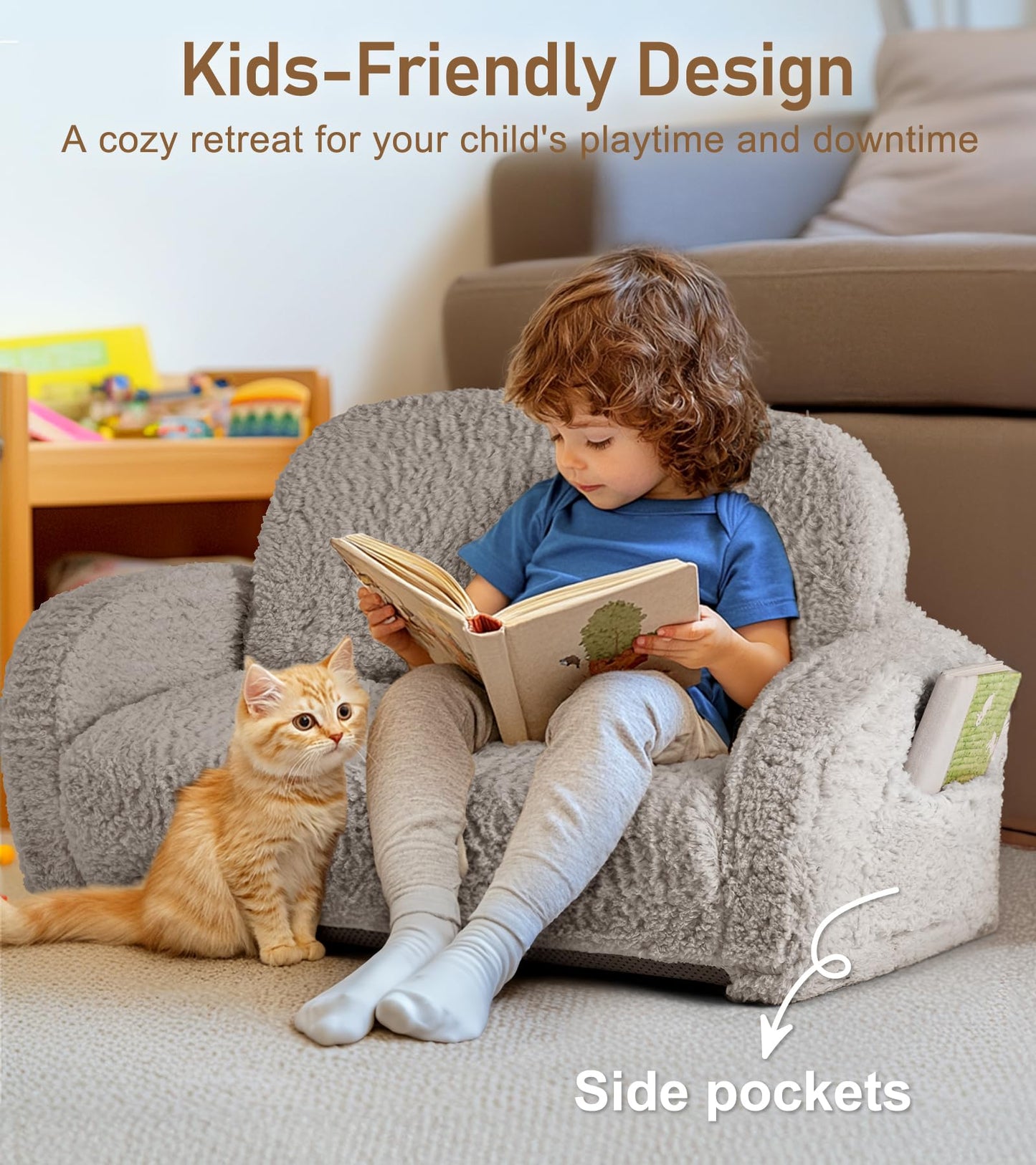 2-in-1 Sherpa Fold Out Kids Couch, Extra Wide Toddler Couch, Flip-Out Foam Couch with Soft Sherpa Cover, Modern Foldable Kids Furniture for Boys & Girls 3+, Gray