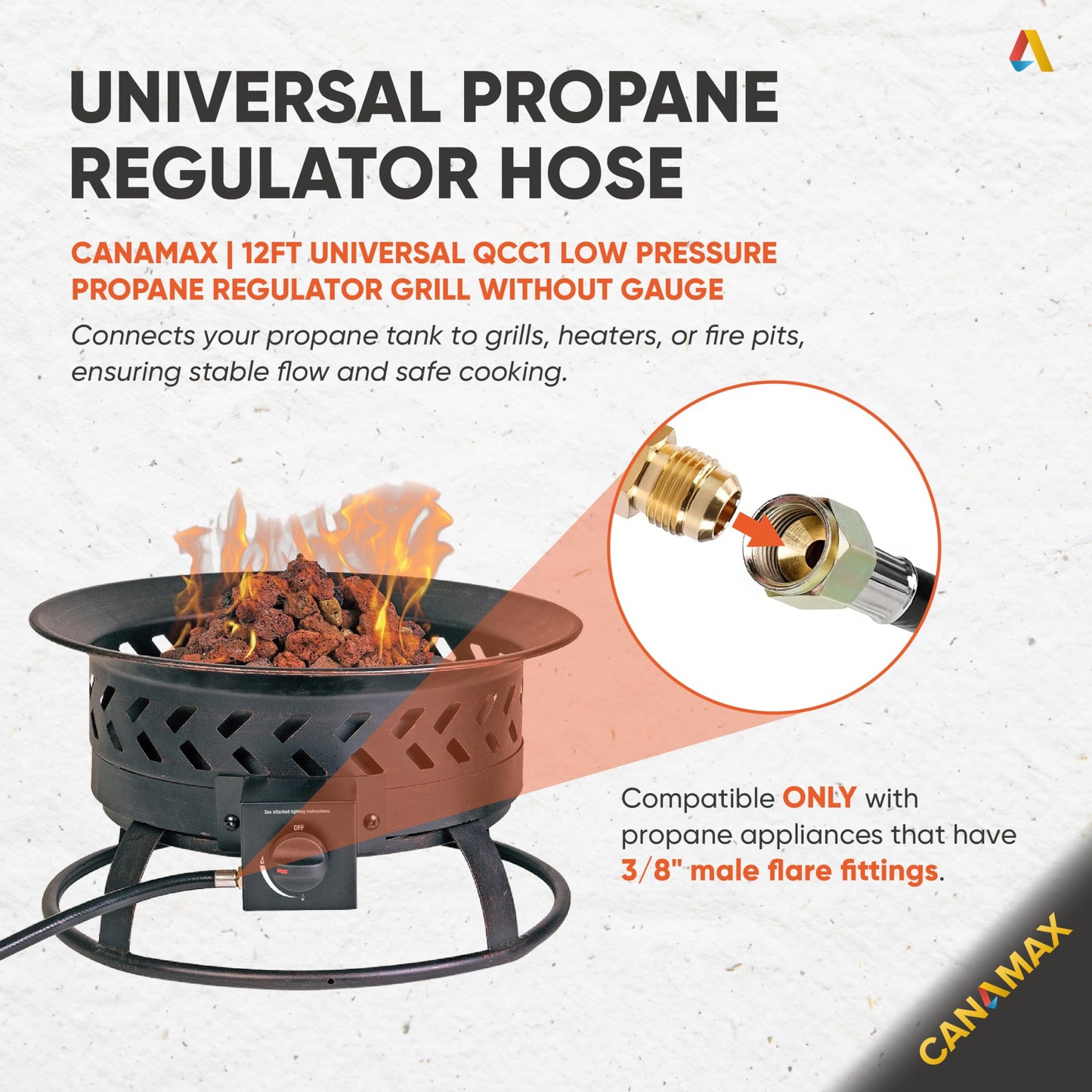 12 Feet Universal QCC1 Low Pressure Propane Regulator Grill Replacement by Canamax, 12 FT Hose Weber Charbroil Nexgrill LP Gas Grill Heater and Fire Pit Table, 3/8" Female Flare Nut [CSA Certified]