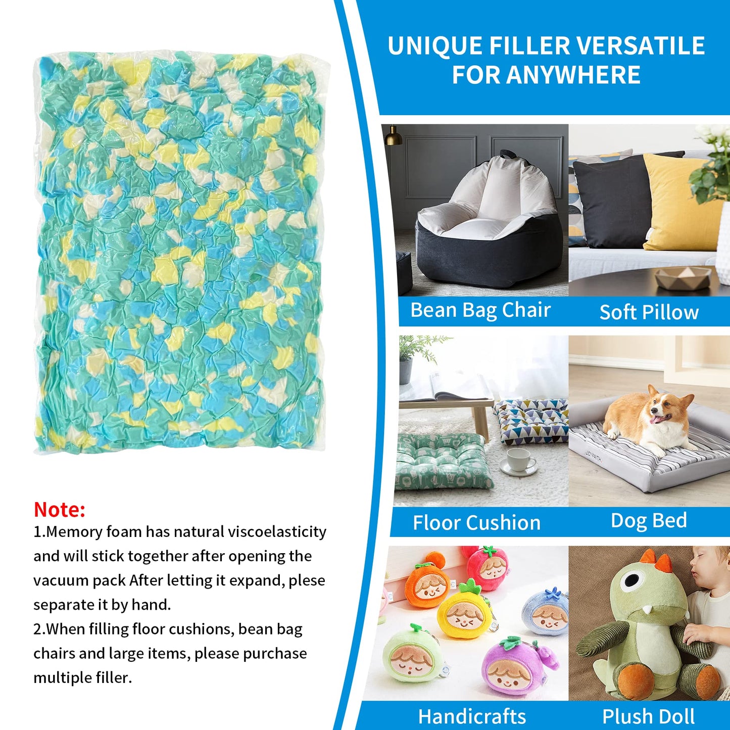 Welacer 10lbs Shredded Memory Foam Filling, Bean Bag Filler Refill, Soft Foam Stuffing for Pillows, Cushions, Stuffed Animals, Arts Crafts & DIY Projects, Multi-Color