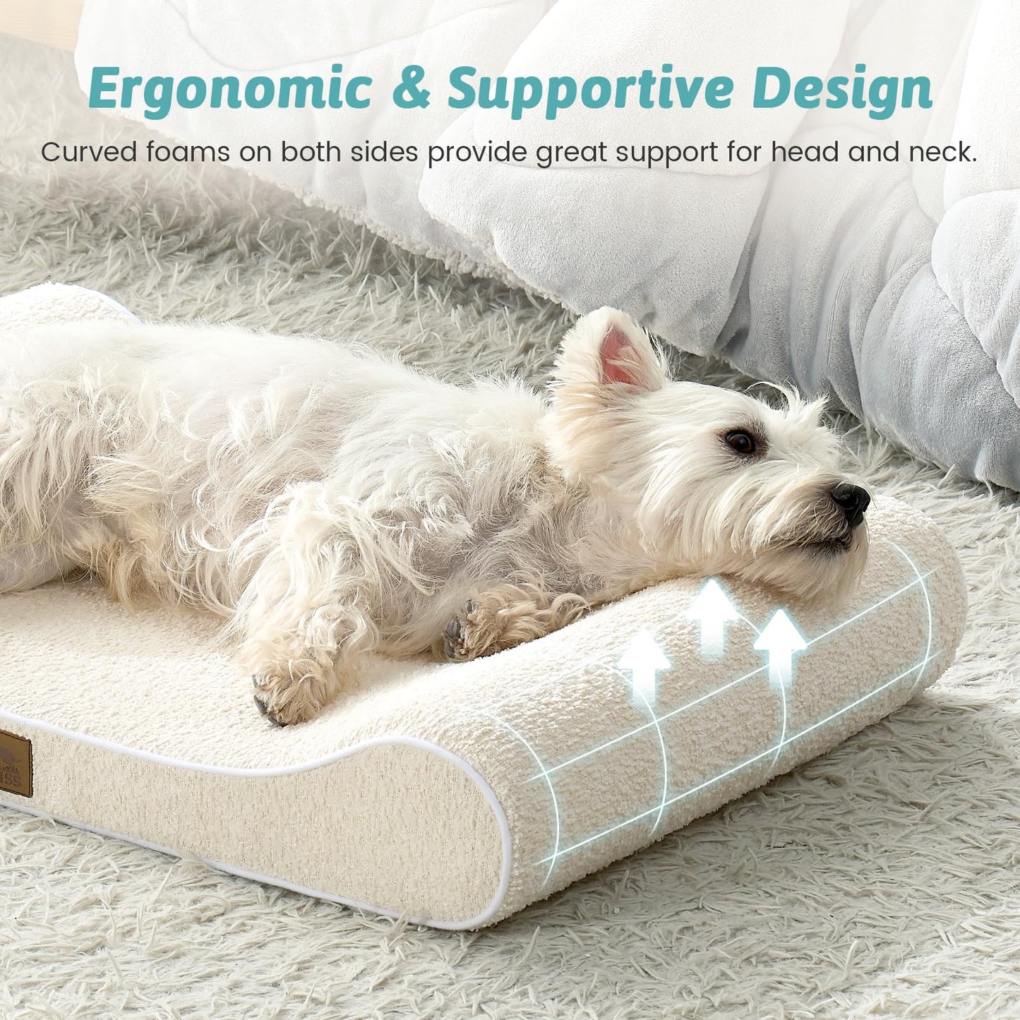 COZY KISS Orthopedic Dog Bed for Small Dogs up to 35 lbs - Removable Washable Cover with Waterproof Lining & Non-Skid Bottom, Cotton-Polyester Blend Boat-Shaped Lounger Mattress, S(30x20x5in), Beige