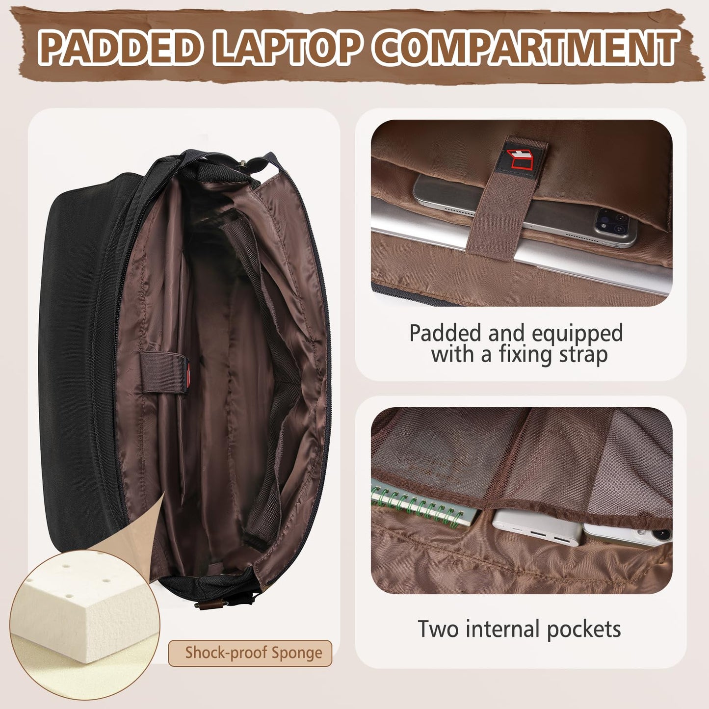 RAINSMORE Messenger Laptop Bag for Men 15.6 Inch , Canvas Briefcase Satchel Computer Shoulder Bag Men's Work Business Office Bag with Padded Compartment, Black