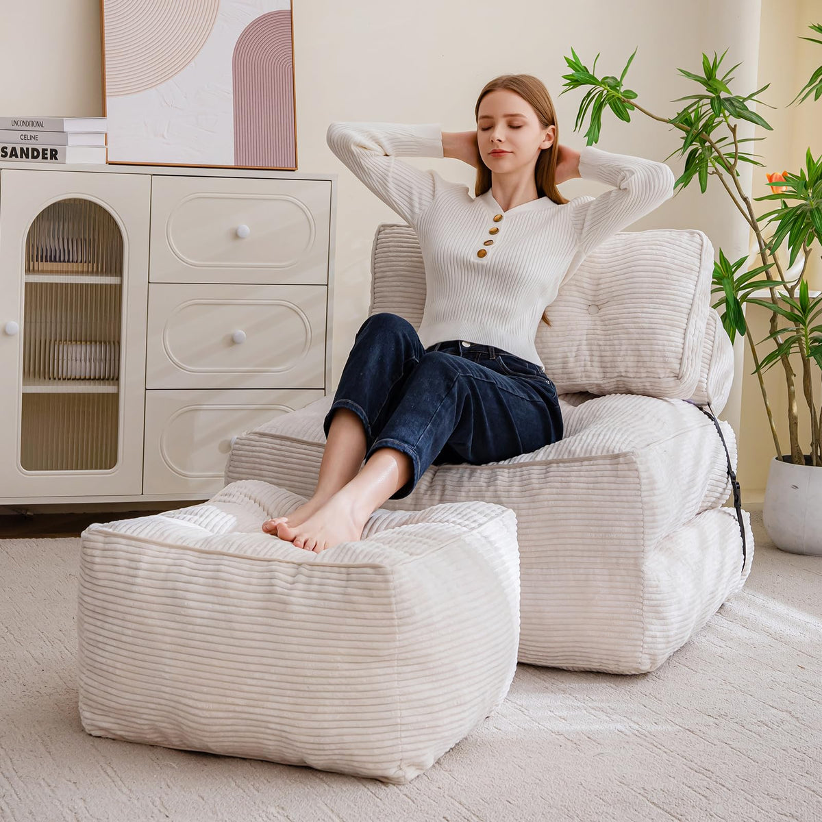 HIGOGOGO Square Stuffed Pouf Ottoman, Corduroy Poufs with Foam Chunk Filling, 21.5 X 21.5 Floor Poufs Foot Rest for Living Room,Beige