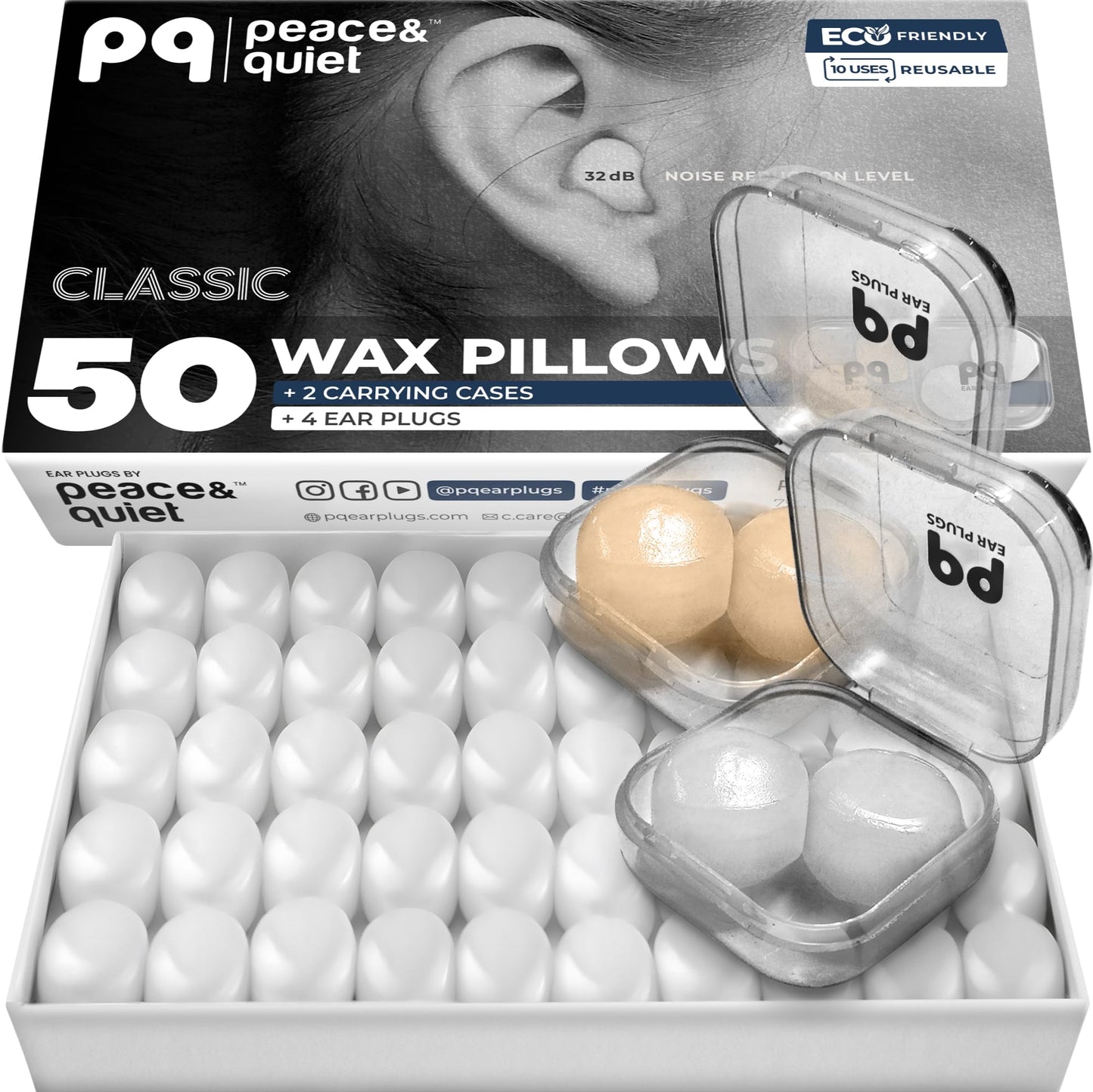 Peace&Quiet | PQ Wax Ear Plugs for Sleeping and Swimming - 50 Soft Silicone Wax Earplugs for Noise Cancelling, Ear Protection, and Sound Blocking Level of 32 dB (50 Pillows) (White Color 50, 50 White Count + 2 Mini Cases)