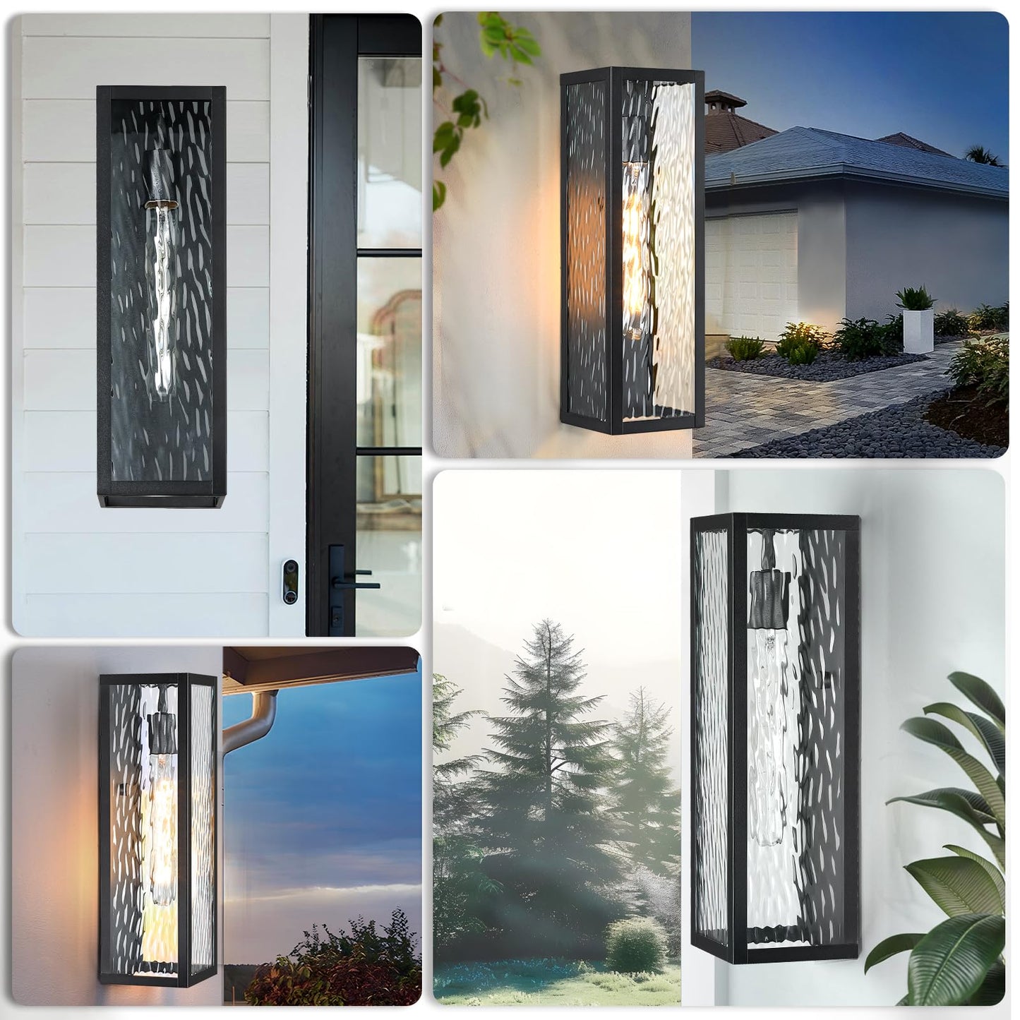 2 Packs 16'' Outdoor Wall Lights Exterior Lighting Fixtures, Modern Black Porch Light for House, Waterproof Outside Lights Wall Sconce Lanterns with Water Ripple Glass for Front Door, Patio, Garage