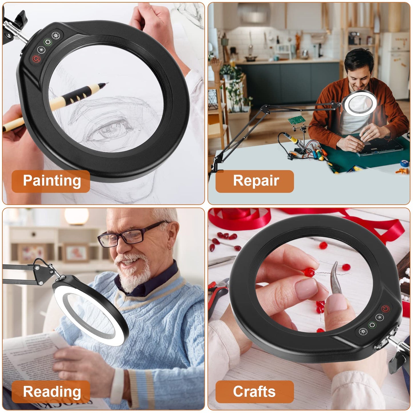 VEEMAGNI 5 Inch Large Real Glass Magnifying Glass with Light and Stand, 5 Color Modes Stepless Dimmable, 2*16 Inch Swivel Arm LED Clamp Desk Lamp, Hands Free 10X Lighted Magnifier for Close Work Craft
