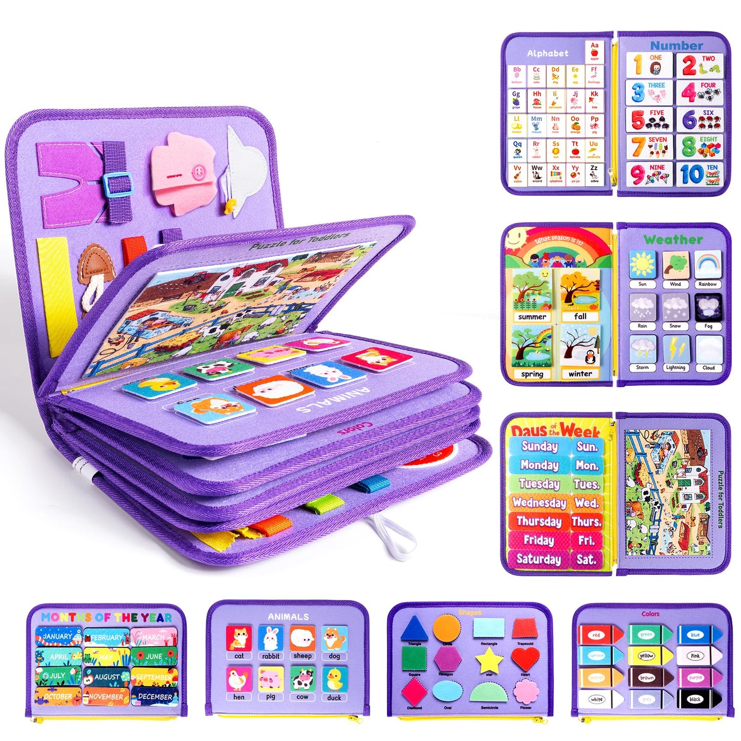 Toddler Busy Board Montessori Toys, 12-Page Busy Book, Quiet Educational Activity Book, 24 in 1 Learning Sensory Toys for Motor Skills, Travel Toy for Car Airplane, Girl Birthday Gift (Mermaid)