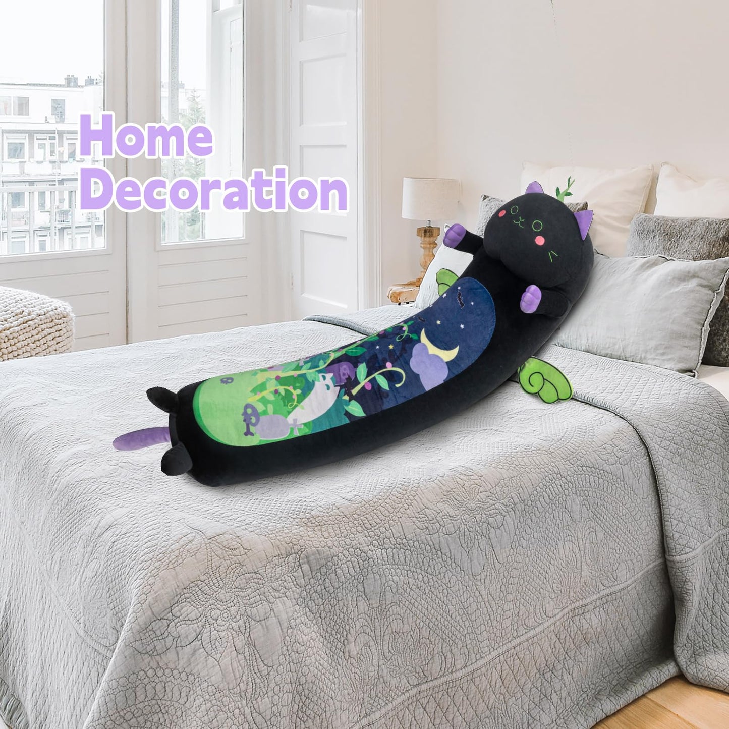Mewaii Long Cat Plush Body Pillow, Cute Cat Plush Animals Kawaii Soft Plushies, Kitten Plush Pillow Doll Gift for Girls Boys (Devil Mint Cat 53 Inch)