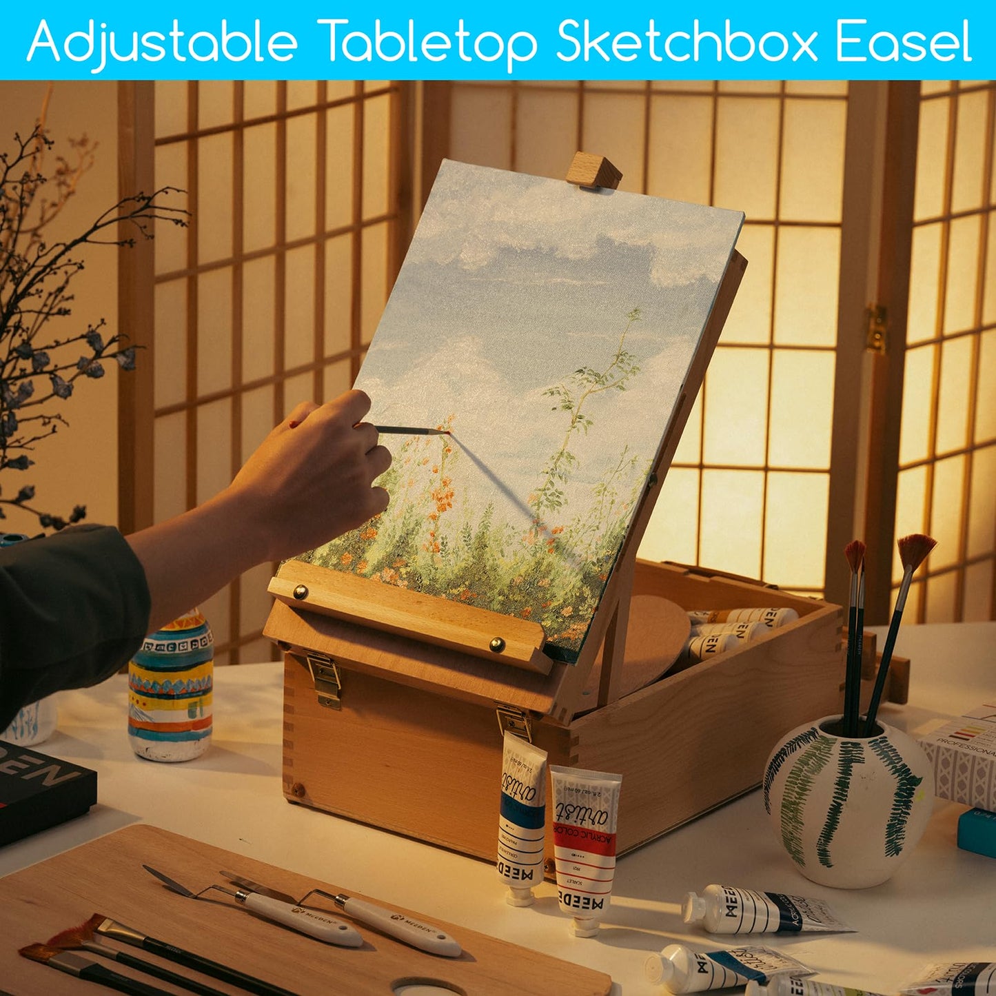 MEEDEN Artist Tabletop Sketchbox Easel -Multi-Function Adjustable Beech Wood Sketch Box with 2-Drawers and 1-Paint Palette for PleinAir Artist, Art Students and Beginners