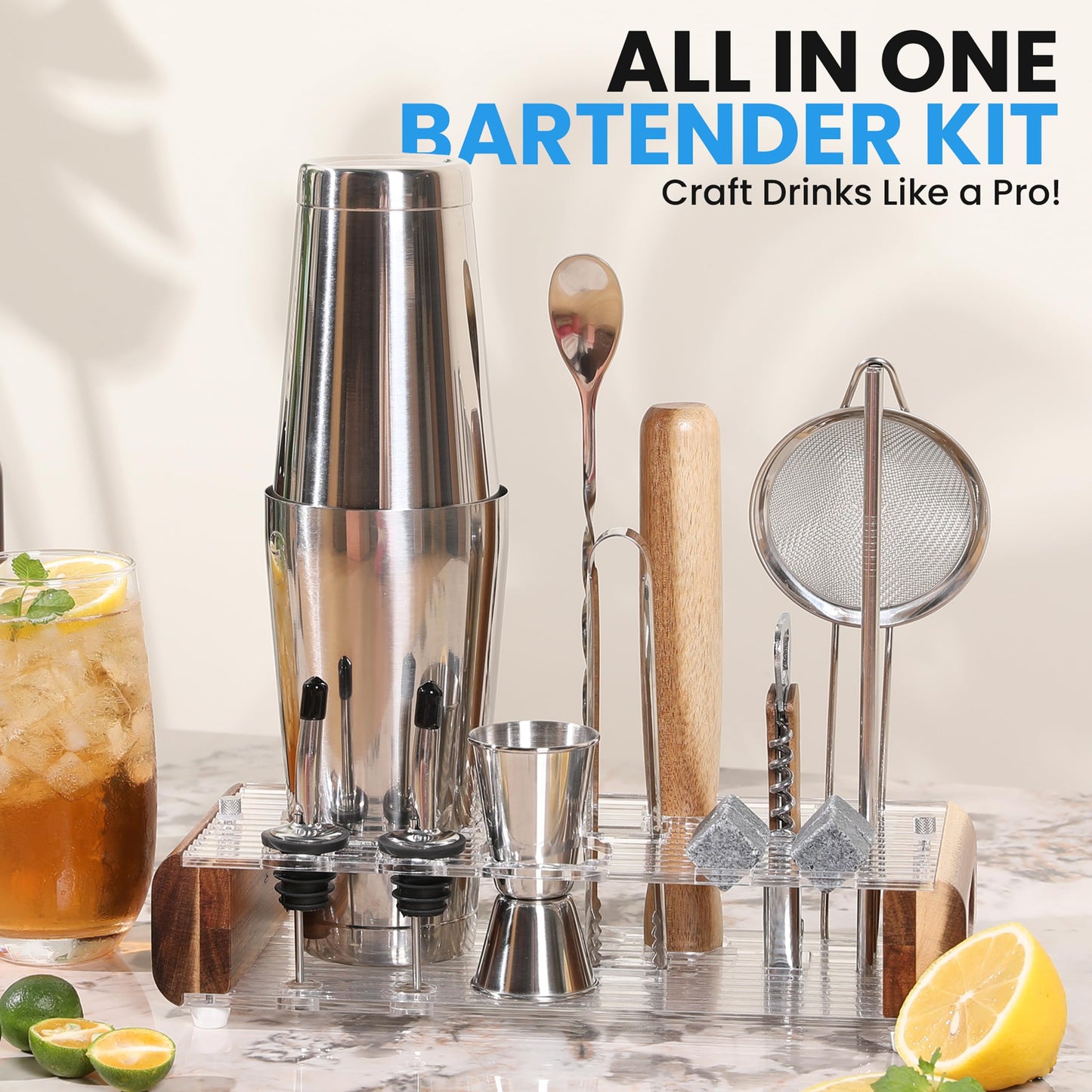 Mixology Bartender Kit with Wood Stand - 18 Piece Bar Tool Set, Silver Bar Set Boston Shaker for Drink Mixing Includes Boston Shaker, Jigger, Hawthorne Strainer, Mixer Spoon, Tongs, Opener | Gift Idea