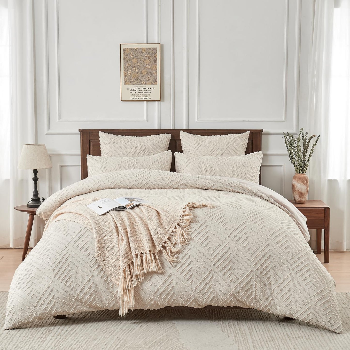 YASMENG Beige Duvet Cover Set King Size - Boho Tufted Jacquard with Geometric Plaid Pattern Duvet Cover Shabby Chic Embroidery Bedding Khaki Soft Microfiber Farmhouse Tufts Textured Comforter Cover