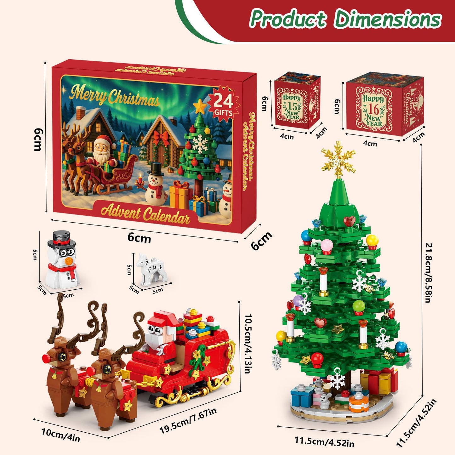 Christmas Tree Advent Calendar 2025, 24 Day Countdown Building Blocks Set with Santa Sleigh Reindeer, Xmas Holiday Decorations Gift for Kids Teen Girls Boys