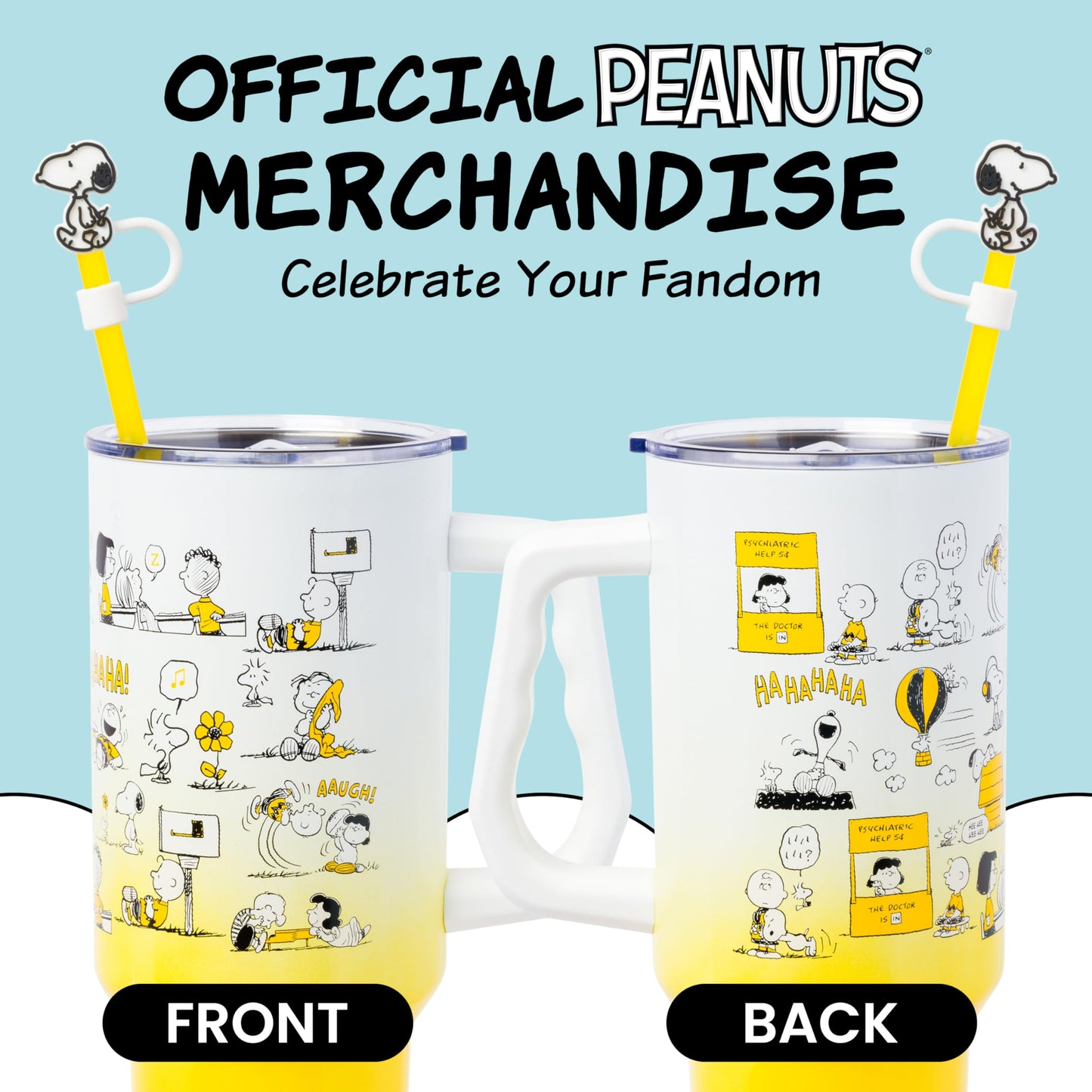 Silver Buffalo Peanuts Iconic Scenes Charlie Brown, Snoopy, Woodstock, Lucy, Sally, Linus Double Walled Stainless Steel Tumbler with Handle, Straw, & Straw Cap, Fits in Standard Cup Holder, 40 Ounces