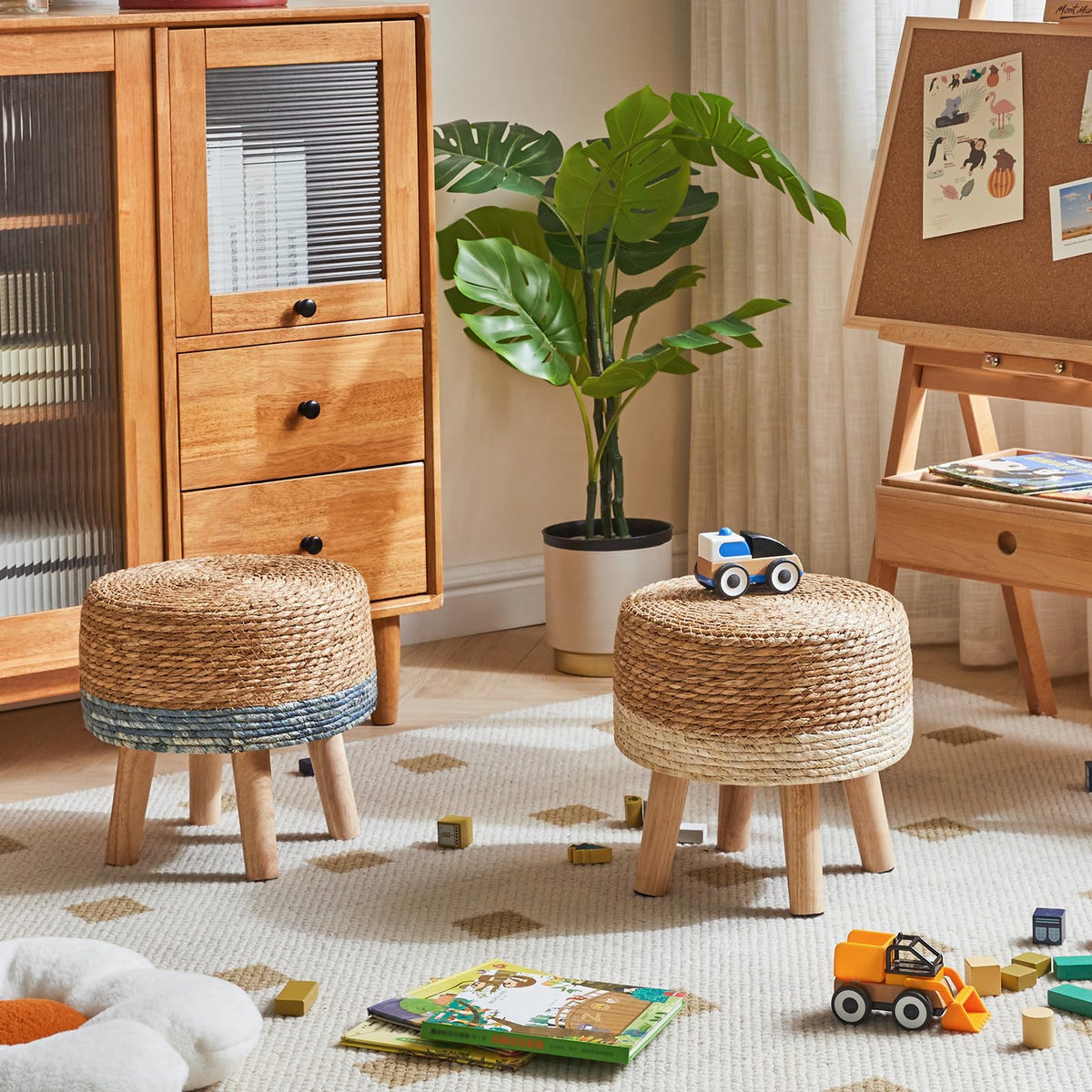 YMYNY Foot Stool Natural Seagrass Hand Weave, 12.6" Small Ottoman, Round Footrest for Living Room, Bedroom, Entryway, Change Shoes Stool, Non-Skid Wood Legs, Boho, Natural+White, UHBD027W