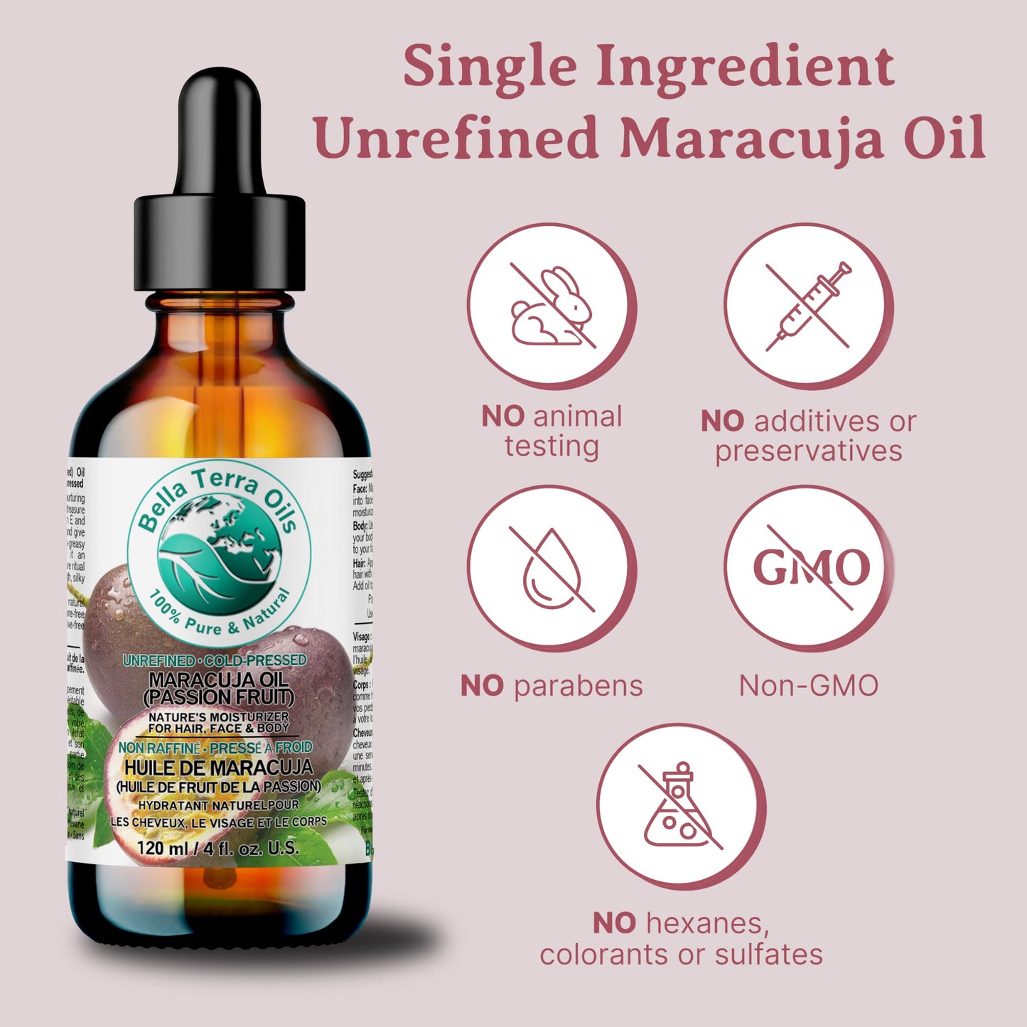 Bella Terra Oils Pure Cold‑Pressed Maracuja Oil, 473 mL (16 fl oz) – Lightweight & Non‑Greasy for Lustrous Hair & Radiant Skin