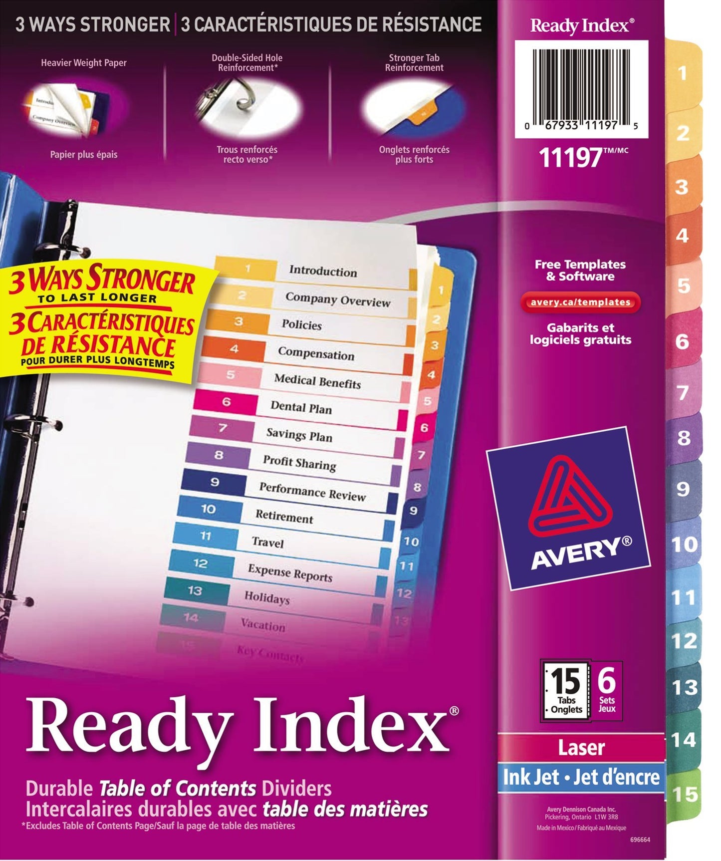 AVERY Ready Index Table of Content Dividers for Laser and Inkjet Printers, 15 tabs, Multi-Colour, 6 Sets, (11197)