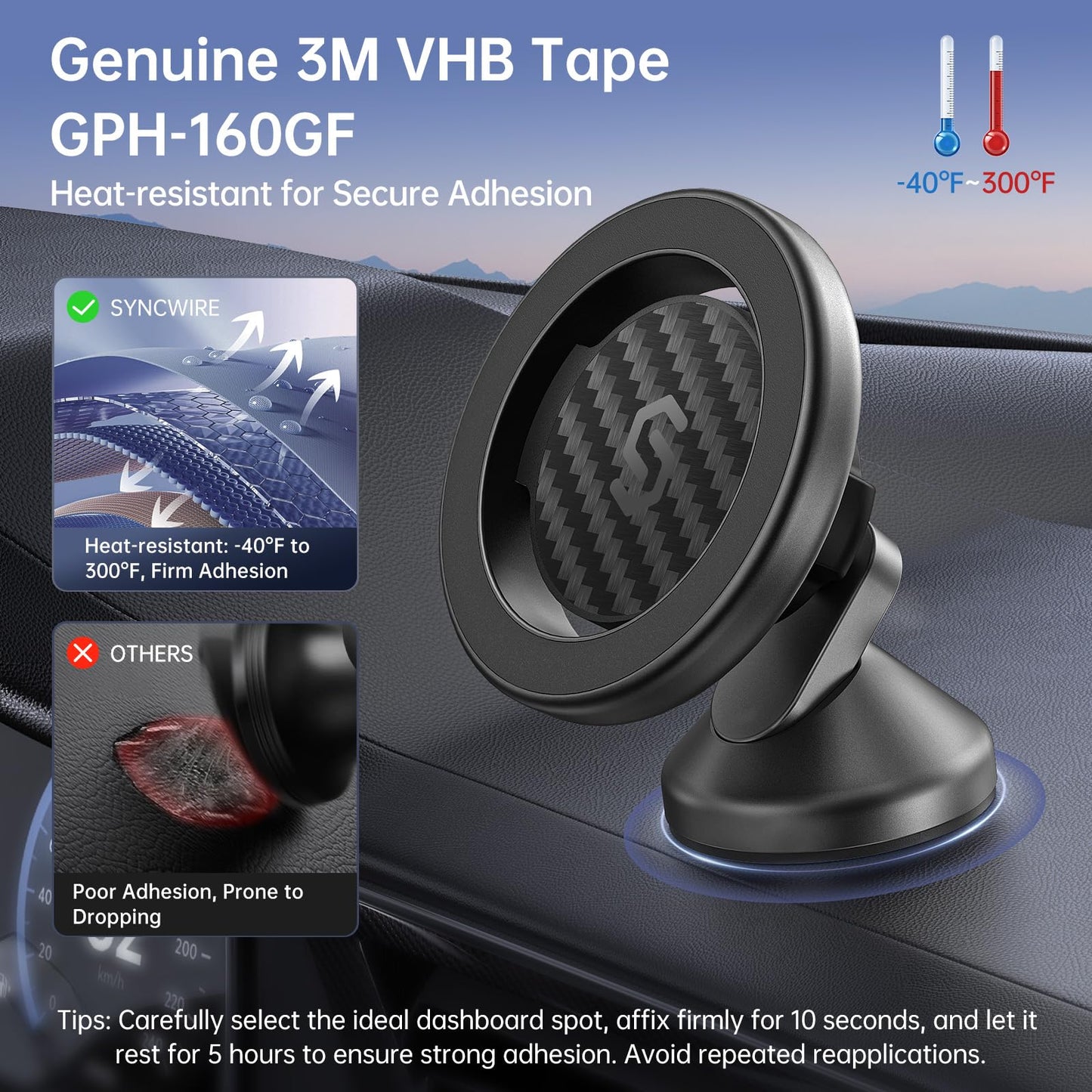 SYNCWIRE MagSafe Car Mount - Flexible Rotation Magnetic Phone Holder for Dash, Strong Magnets, Universal Compatible iPhone, Samsung, Pixel - MagSafe Car Accessories