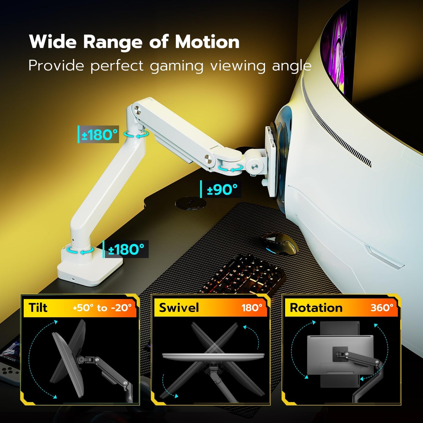 ARES WING Single Monitor Mount with USB A/C, Heavy Duty Monitor Arm for 17 to 49 inch Ultrawide Screen, Holds 44 lbs, Adjustable Gas Spring Arm Desk Mount with Clamp and Grommet Base, White