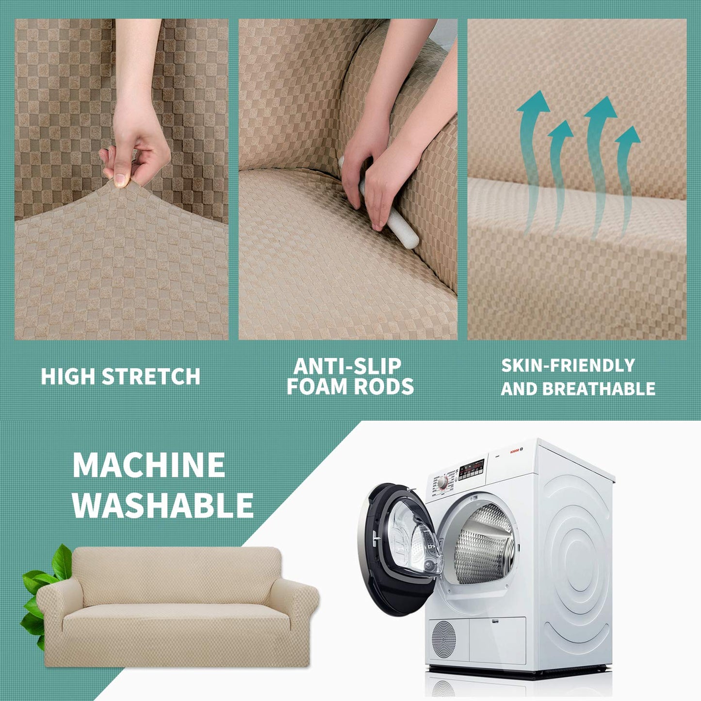 YEMYHOM Couch Cover Latest Jacquard Design High Stretch Sofa Covers for 3 Cushion Couch, Pet Dog Cat Proof Slipcover Non Slip Magic Elastic Furniture Protector (Large, Khaki)