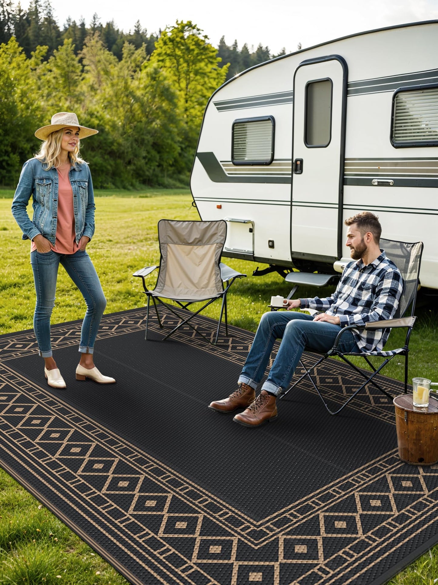 GENIMO 6'x9' Outdoor Rug Waterproof for Patio Decor, Foldable Reversible Plastic Straw Area Rugs Mat for Camper, Outside Carpet for Rv, Deck, Porch, Picnic, Beach, Balcony, Black & Brown