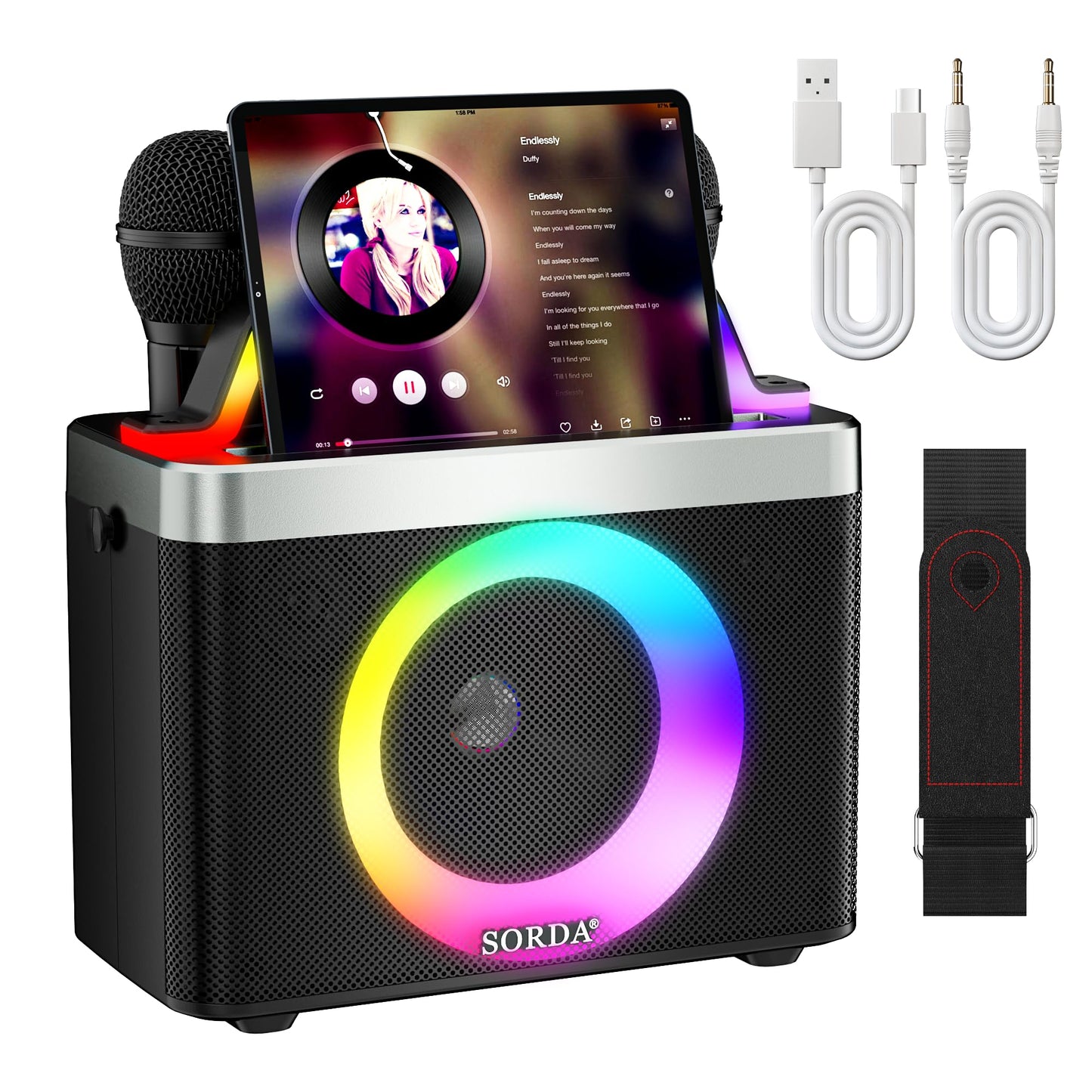 SORDA Portable Bluetooth Karaoke Machine for Adults & Kids - 2 Wireless Microphones, Shoulder Strap, Fun Voice Change, Support USB/AUX, for Outdoor Events Party Gifts (518)