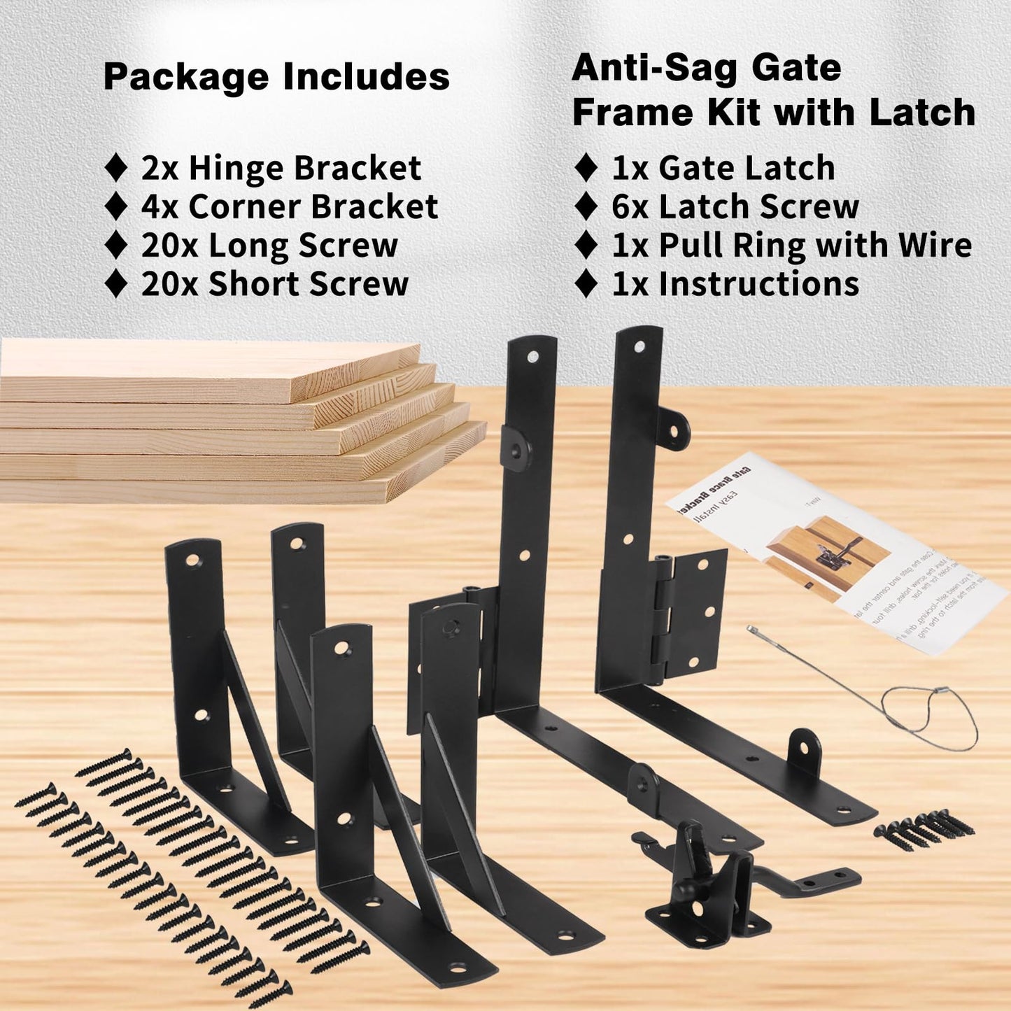 Anti Sag Gate Corner Brace Frame Kit - 1Set,Frame Hardware Kit with Self Locking Gate Latch,Heavy Duty Gate Corner Brace Bracket for Wooden Gate Fences,Shed Doors,Wood Windows,Corral Gates
