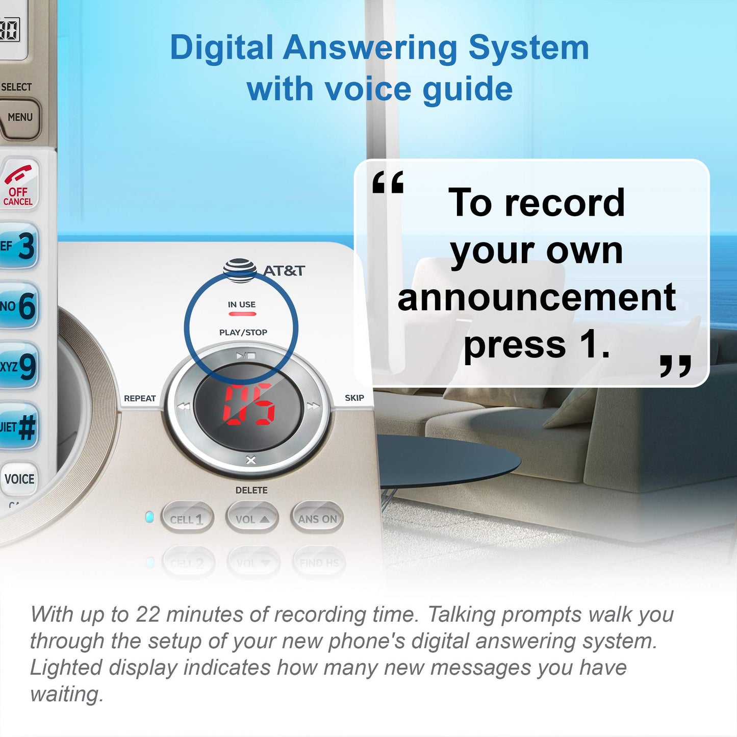AT&T DL72119 DECT 6.0 Single Cordless Phone for Home with Bluetooth Connect to Cell, Call Blocking, 1.8" Backlit Screen, Big Buttons, intercom, and Unsurpassed Range, White/Champagne